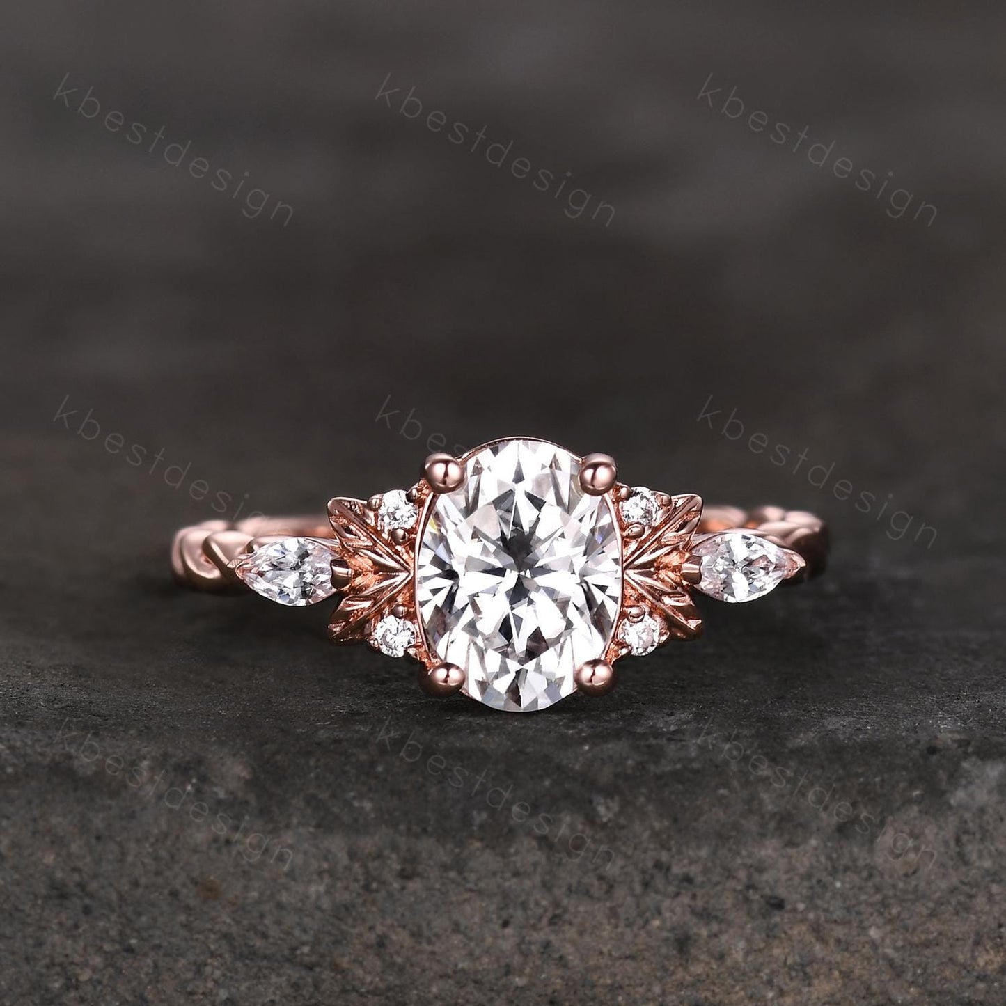 Oval cut Moissanite engagement ring vintage rose gold ring nature inspired ring branch leaf ring Unique twisted band Bridal Promise ring