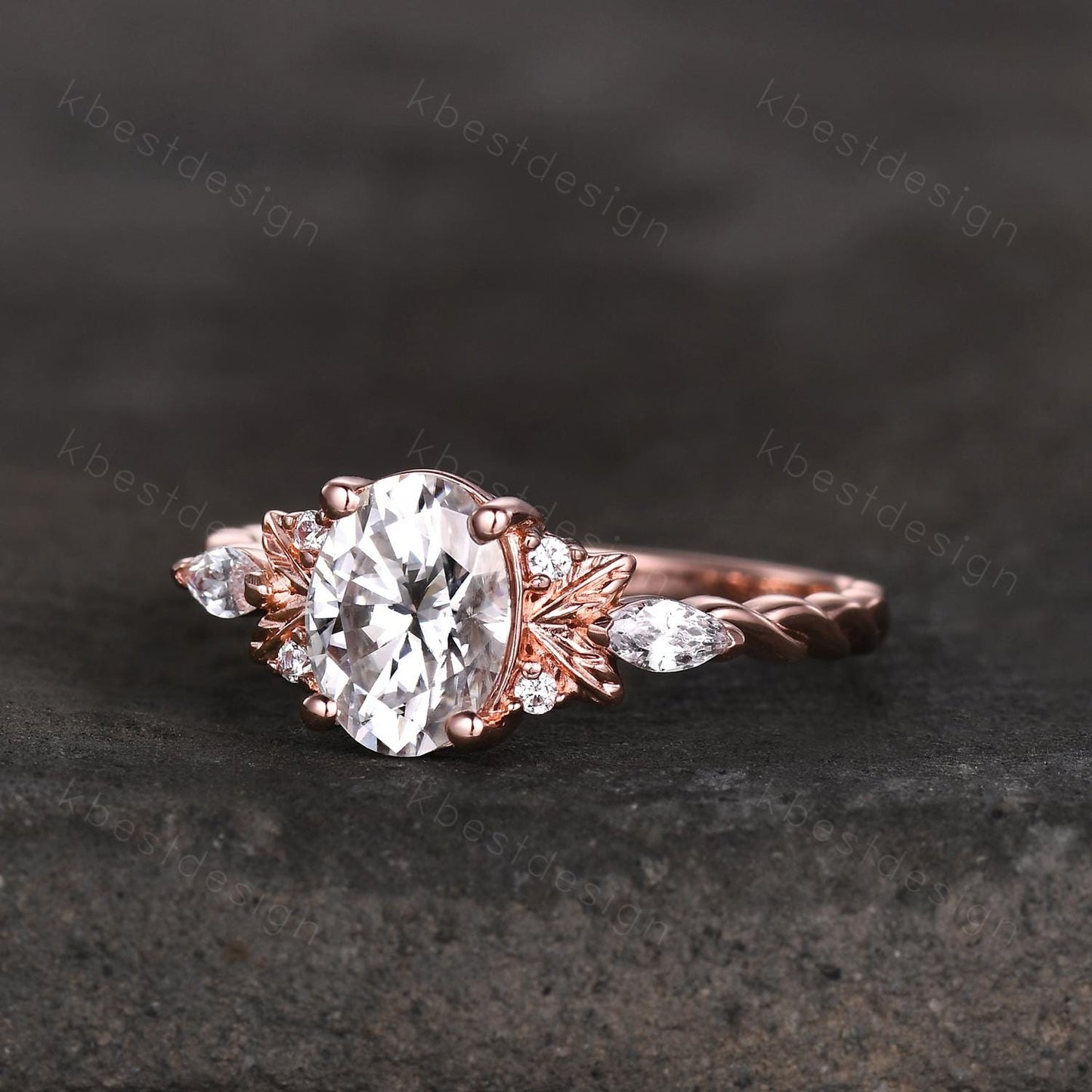 Oval cut Moissanite engagement ring vintage rose gold ring nature inspired ring branch leaf ring Unique twisted band Bridal Promise ring