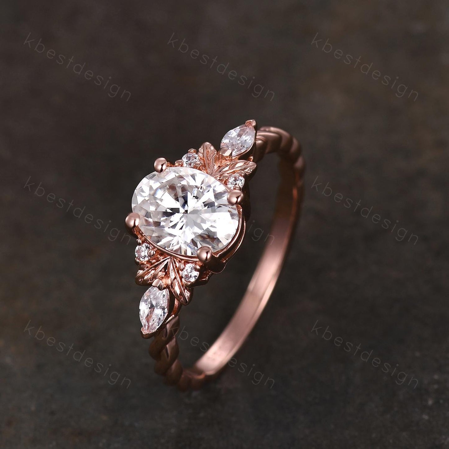Oval cut Moissanite engagement ring vintage rose gold ring nature inspired ring branch leaf ring Unique twisted band Bridal Promise ring