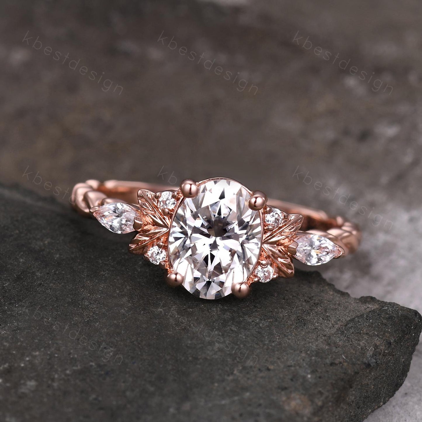 Oval cut Moissanite engagement ring vintage rose gold ring nature inspired ring branch leaf ring Unique twisted band Bridal Promise ring