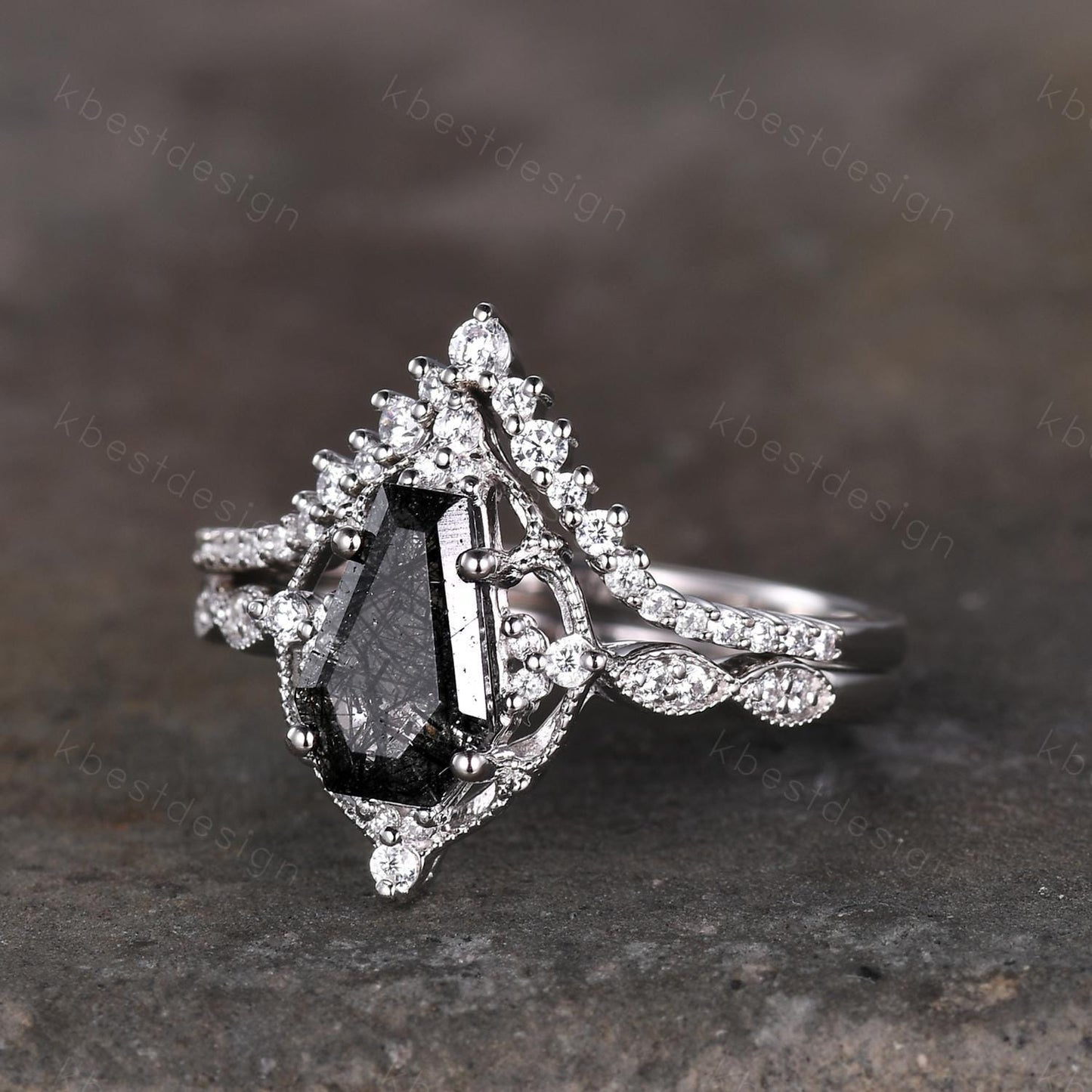 Vintage black rutilated quartz engagement ring silver ring art deco curved stacking band coffin cut bridal set unique moissanite wedding set