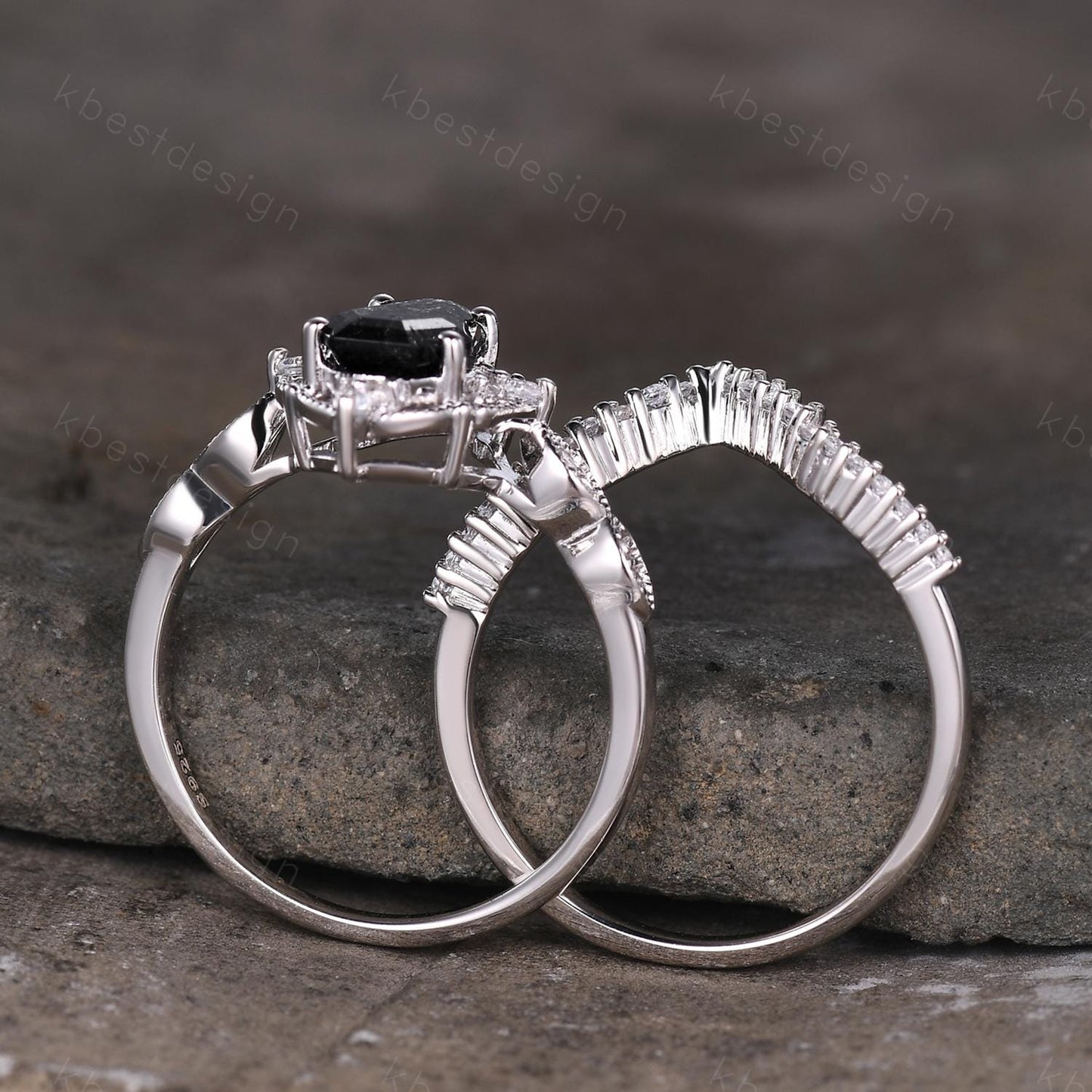 Vintage black rutilated quartz engagement ring silver ring art deco curved stacking band coffin cut bridal set unique moissanite wedding set