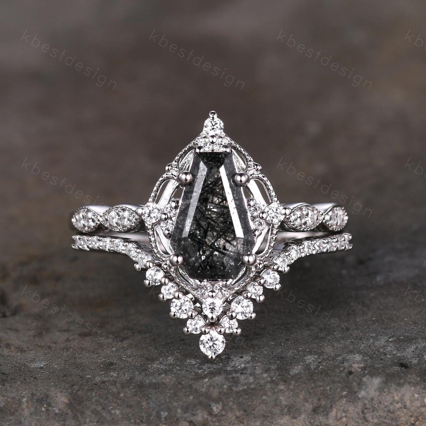 Vintage black rutilated quartz engagement ring silver ring art deco curved stacking band coffin cut bridal set unique moissanite wedding set