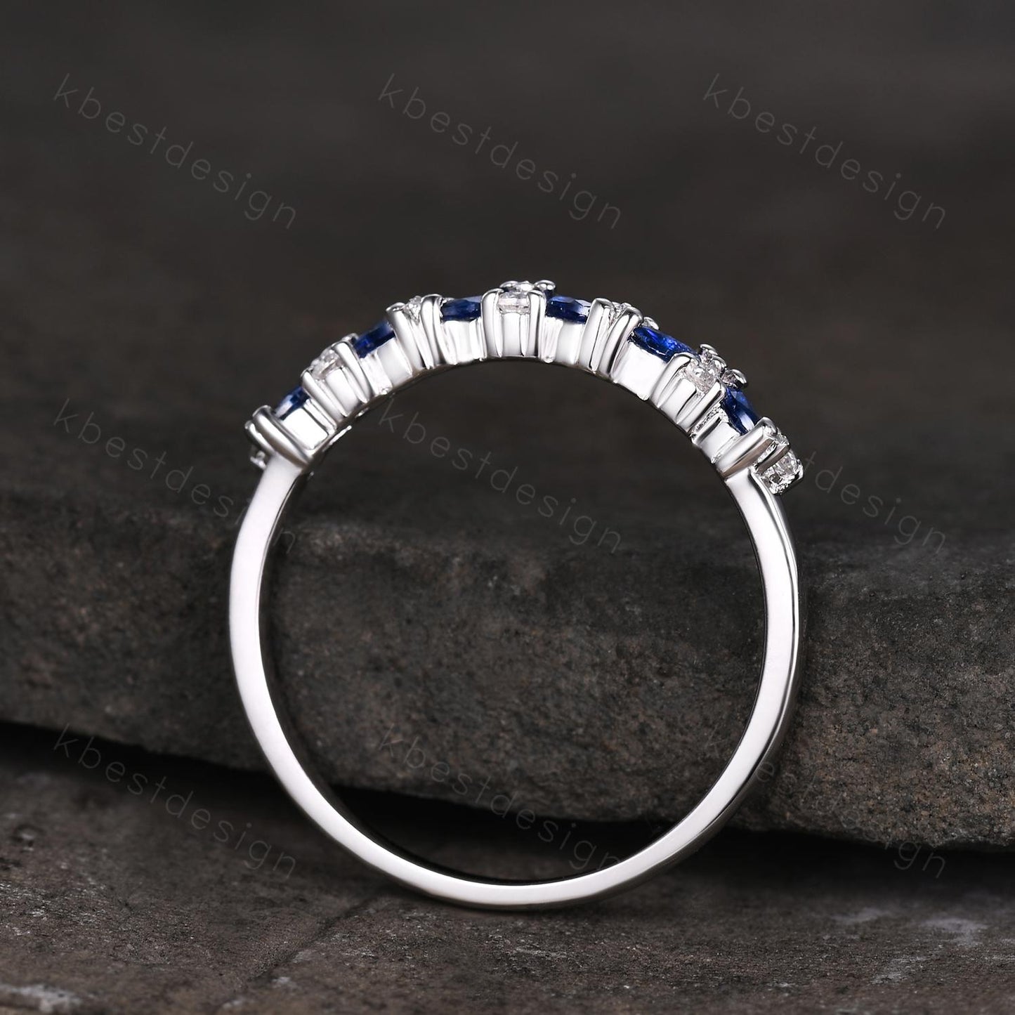 Blue Sapphire cluster wedding band Unique marquise cut wedding band Vintage Moissanite ring Sterling silver ring Anniversary gift for Her