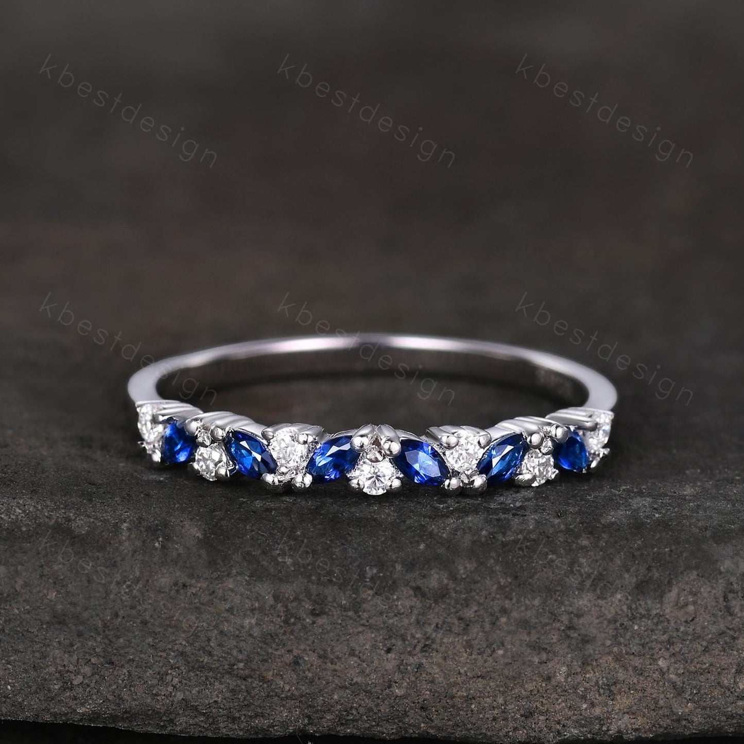 Blue Sapphire cluster wedding band Unique marquise cut wedding band Vintage Moissanite ring Sterling silver ring Anniversary gift for Her