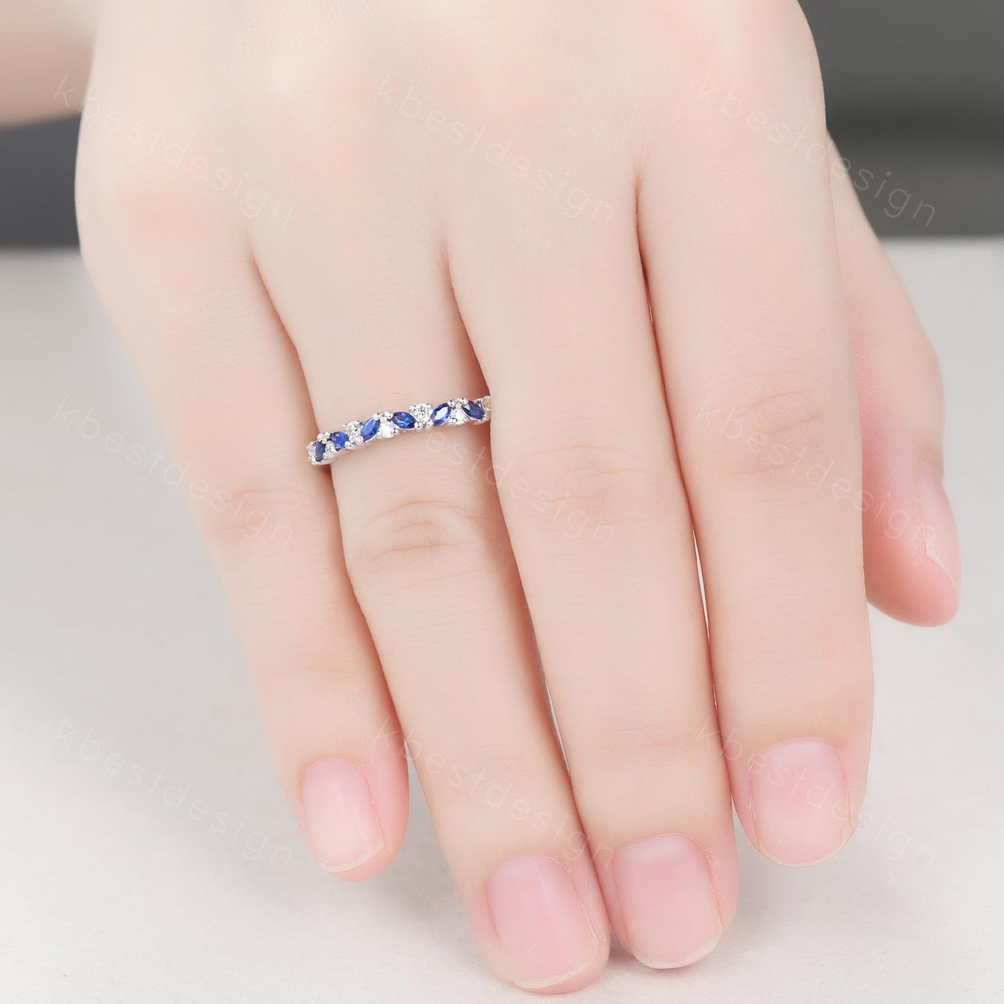Blue Sapphire cluster wedding band Unique marquise cut wedding band Vintage Moissanite ring Sterling silver ring Anniversary gift for Her