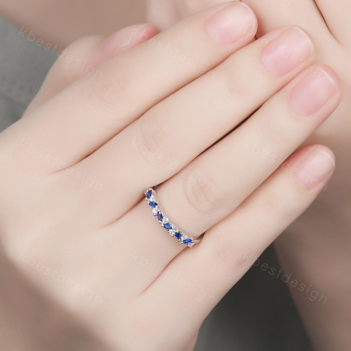 Blue Sapphire cluster wedding band Unique marquise cut wedding band Vintage Moissanite ring Sterling silver ring Anniversary gift for Her