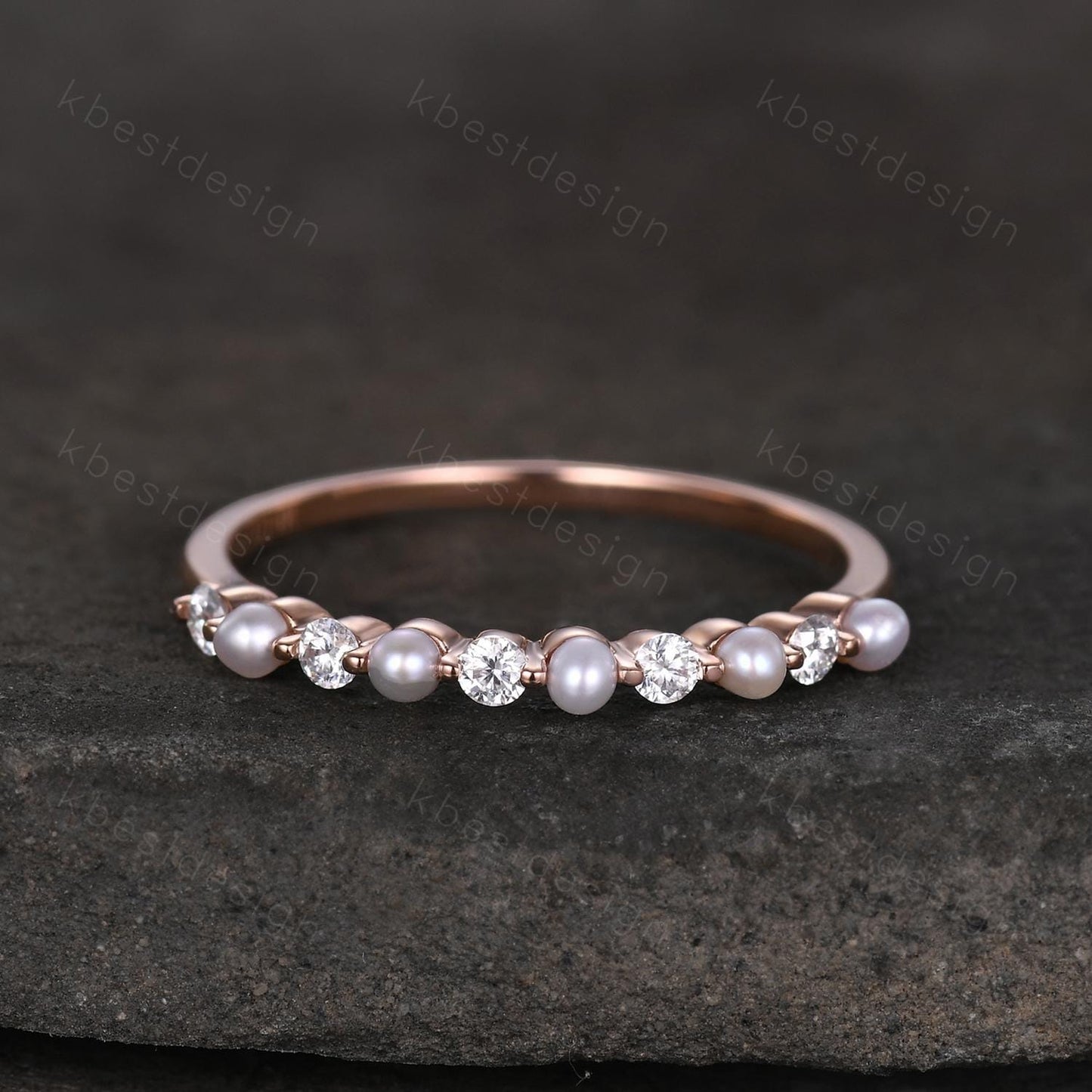 Pearl Moissanite wedding band Unique half eternity wedding band Vintage Moissanite ring rose gold ring Anniversary gift for Her