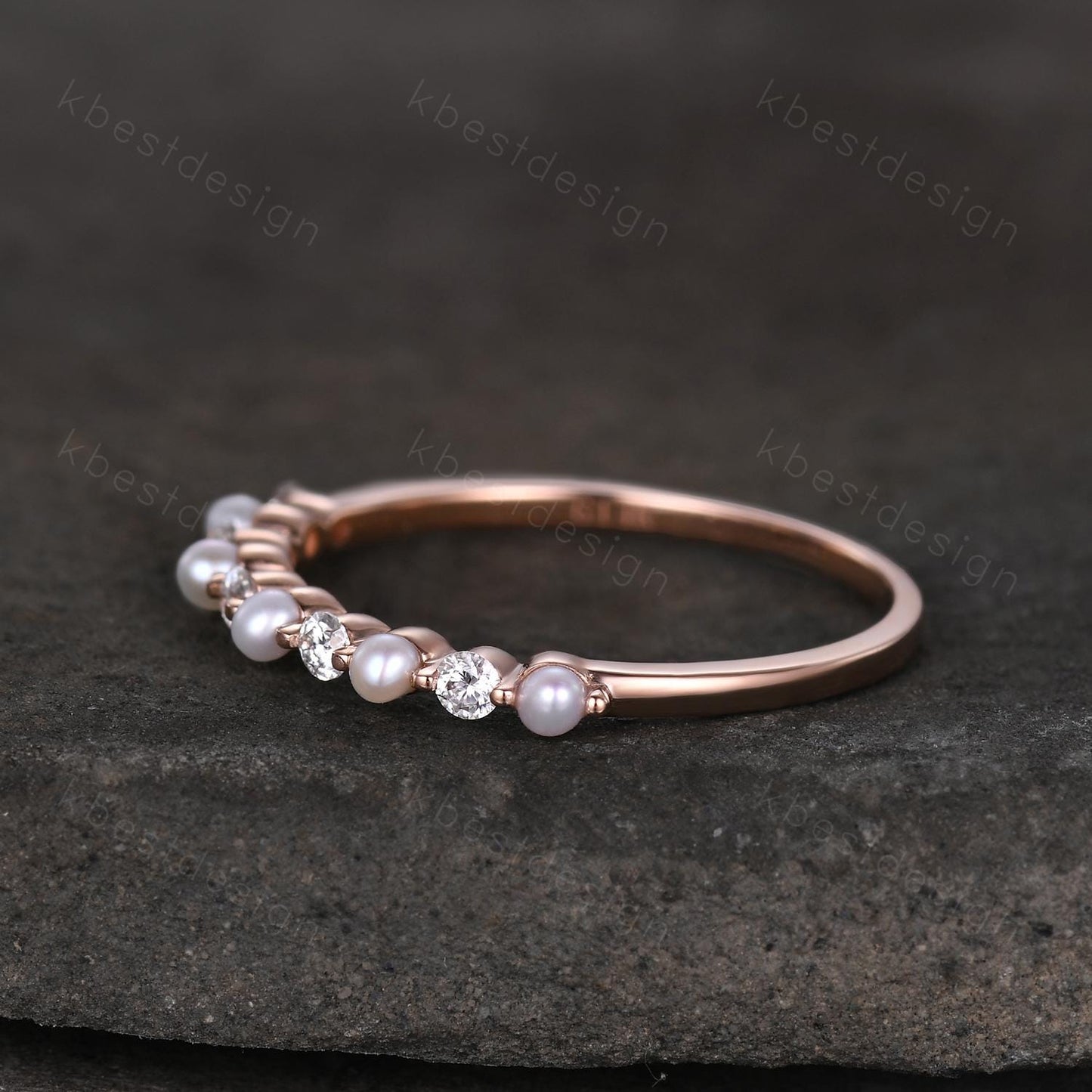 Pearl Moissanite wedding band Unique half eternity wedding band Vintage Moissanite ring rose gold ring Anniversary gift for Her