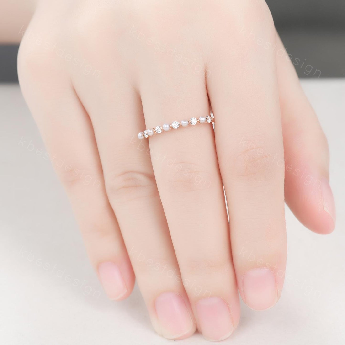 Pearl Moissanite wedding band Unique half eternity wedding band Vintage Moissanite ring rose gold ring Anniversary gift for Her