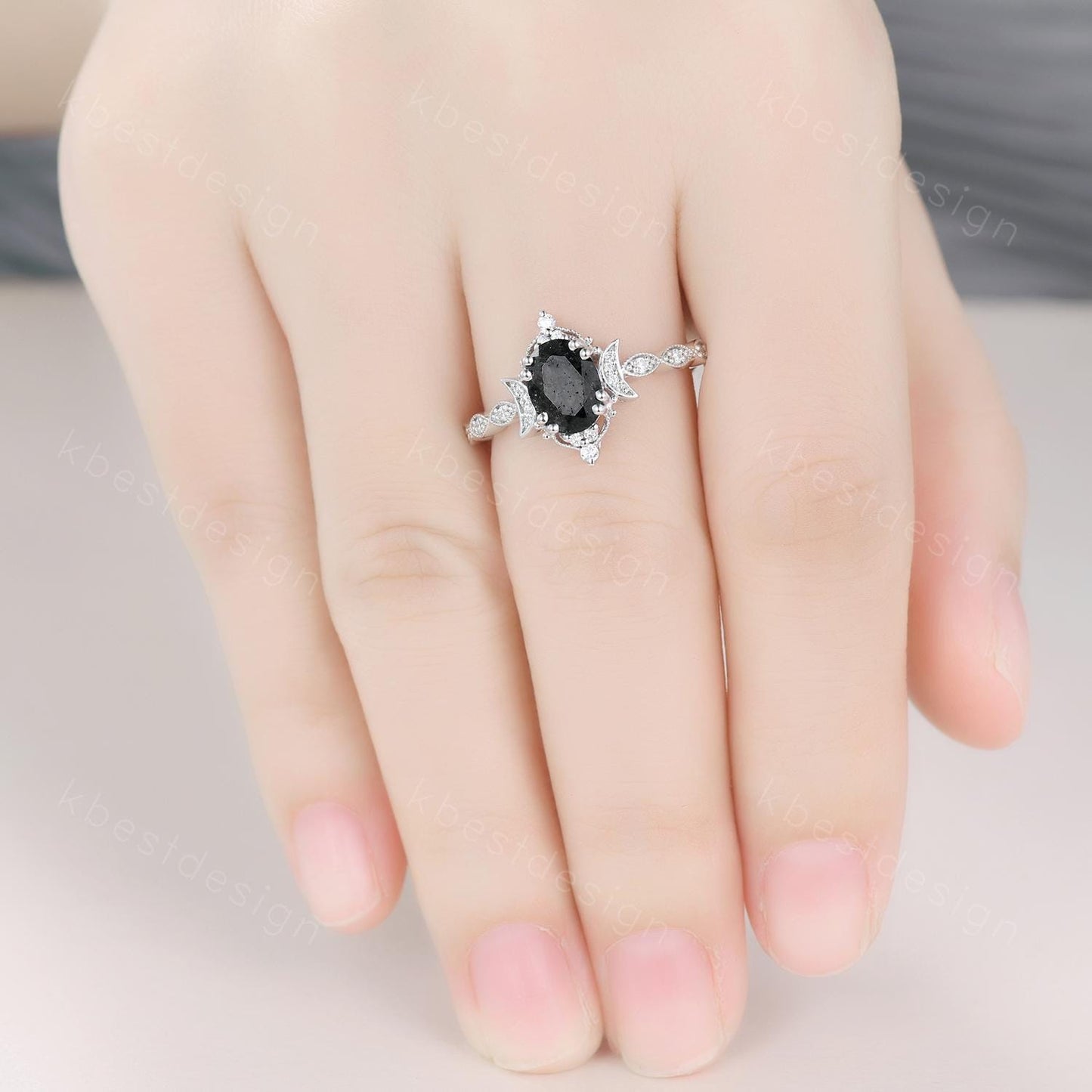 Vintage black rutilated quartz engagement ring oval cut ring unique moon style ring for women art deco moissanite bridal promise ring