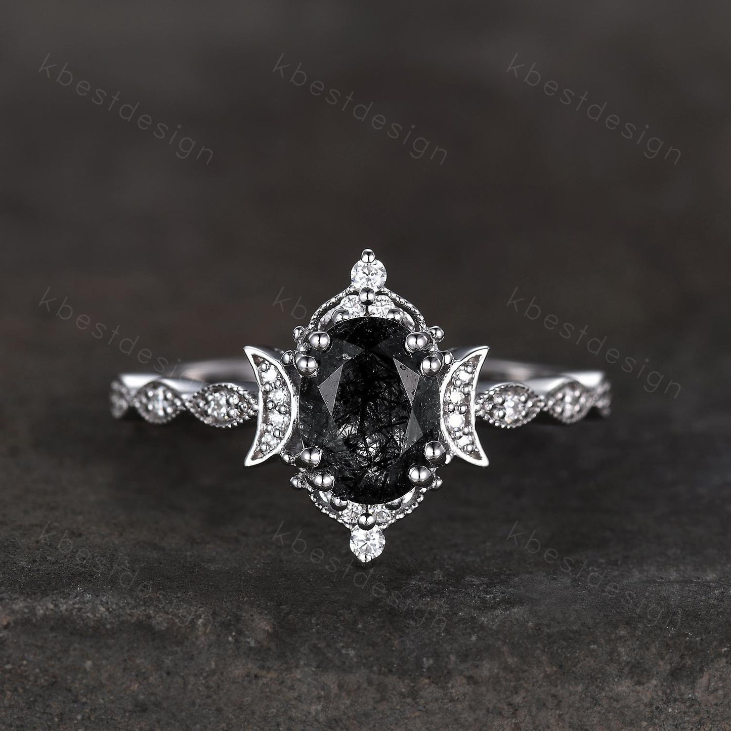 Vintage black rutilated quartz engagement ring oval cut ring unique moon style ring for women art deco moissanite bridal promise ring