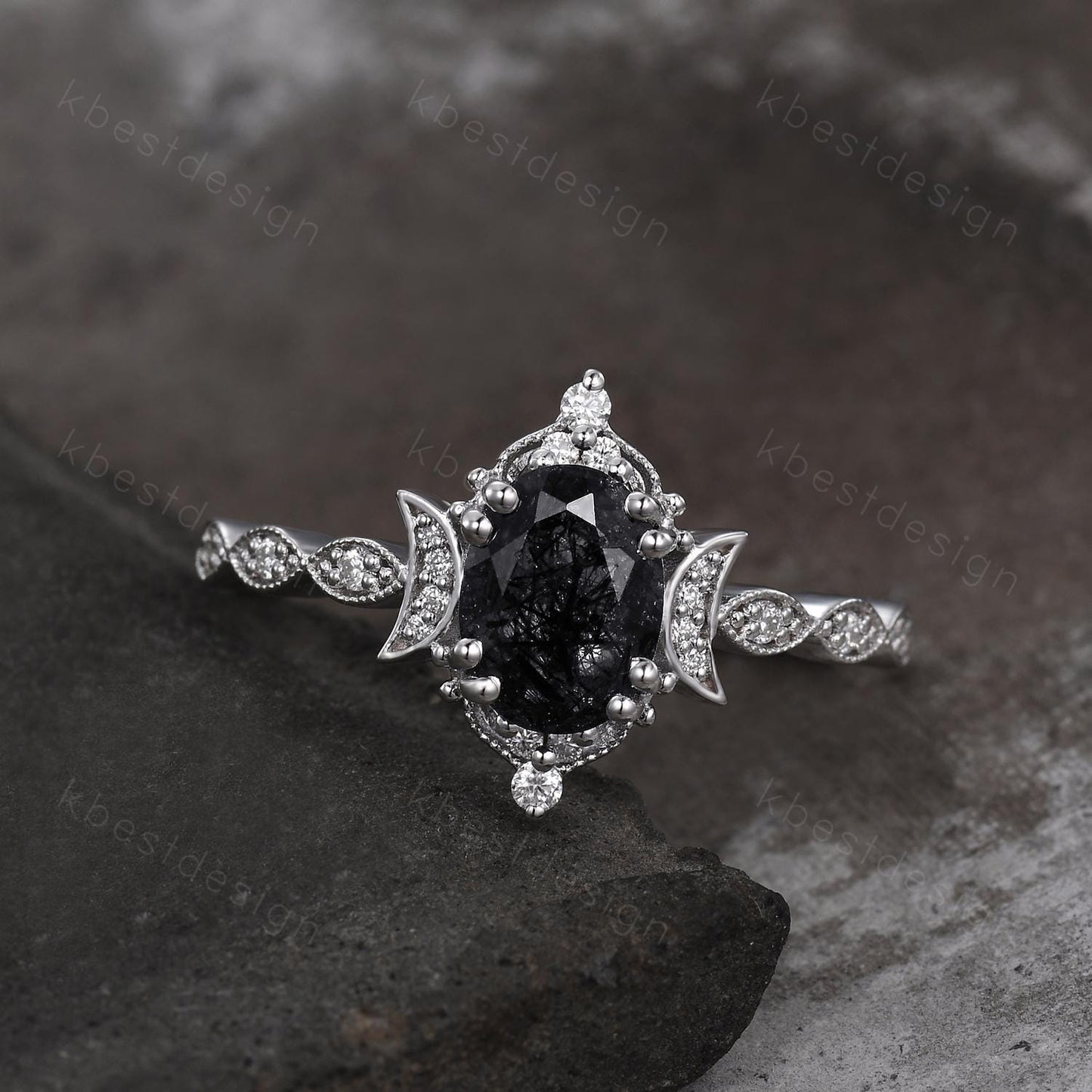 Vintage black rutilated quartz engagement ring oval cut ring unique moon style ring for women art deco moissanite bridal promise ring