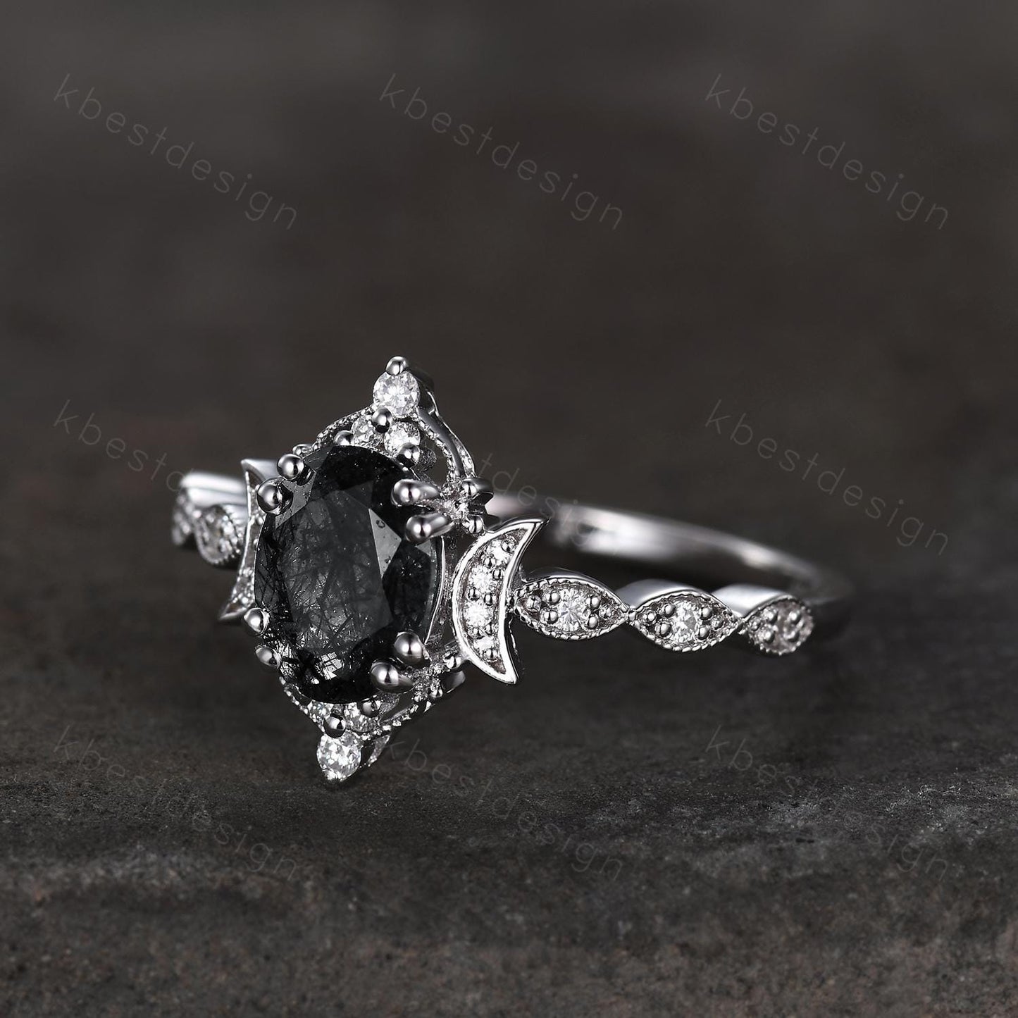Vintage black rutilated quartz engagement ring oval cut ring unique moon style ring for women art deco moissanite bridal promise ring