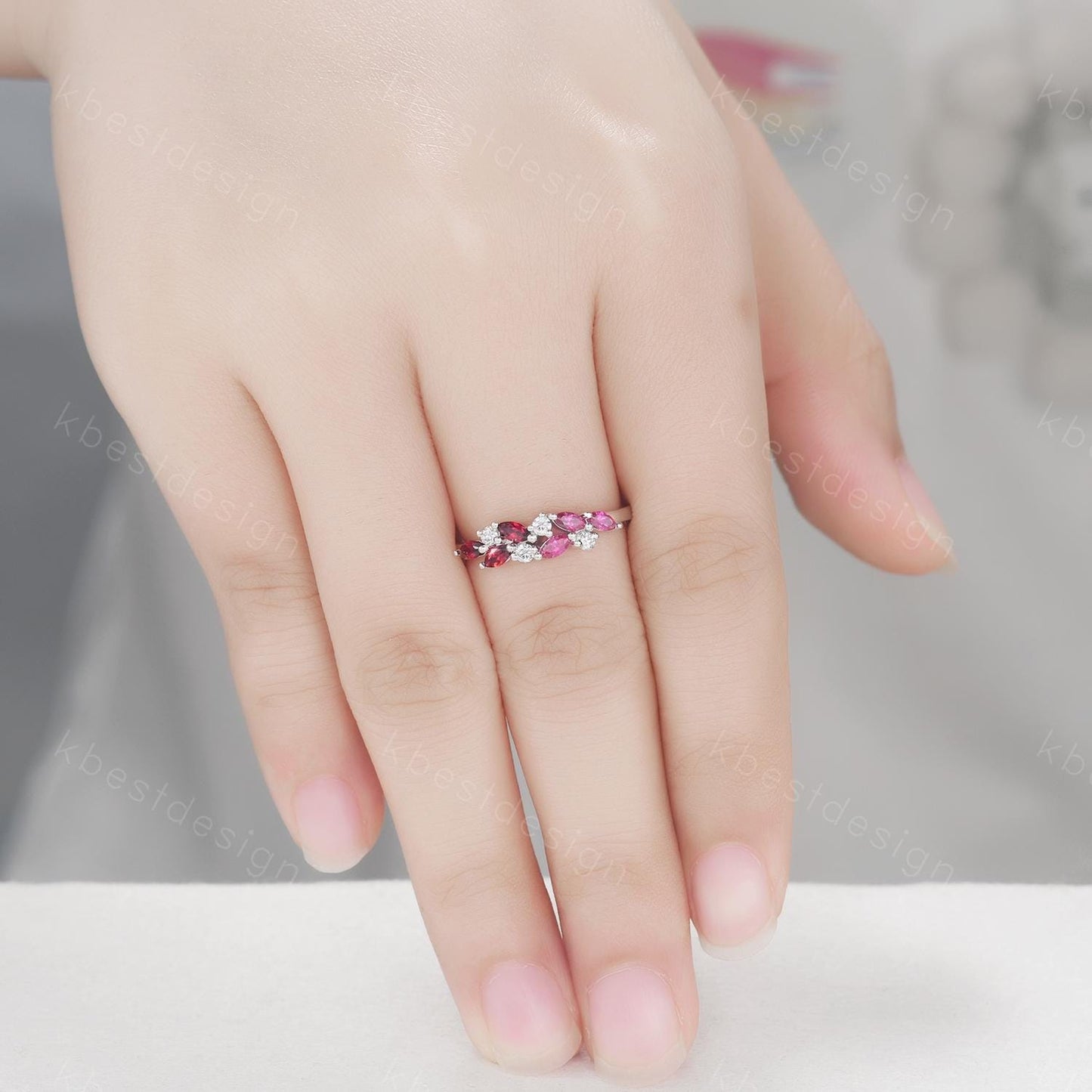 Ruby Garnet cluster wedding band Unique marquise cut ruby wedding band Vintage Moissanite ring family gemstone ring Anniversary gift for her