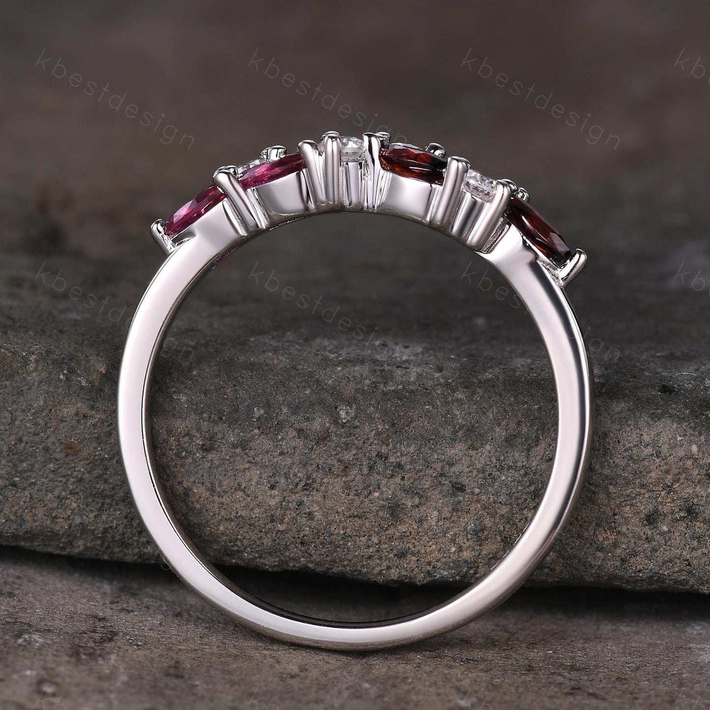 Ruby Garnet cluster wedding band Unique marquise cut ruby wedding band Vintage Moissanite ring family gemstone ring Anniversary gift for her