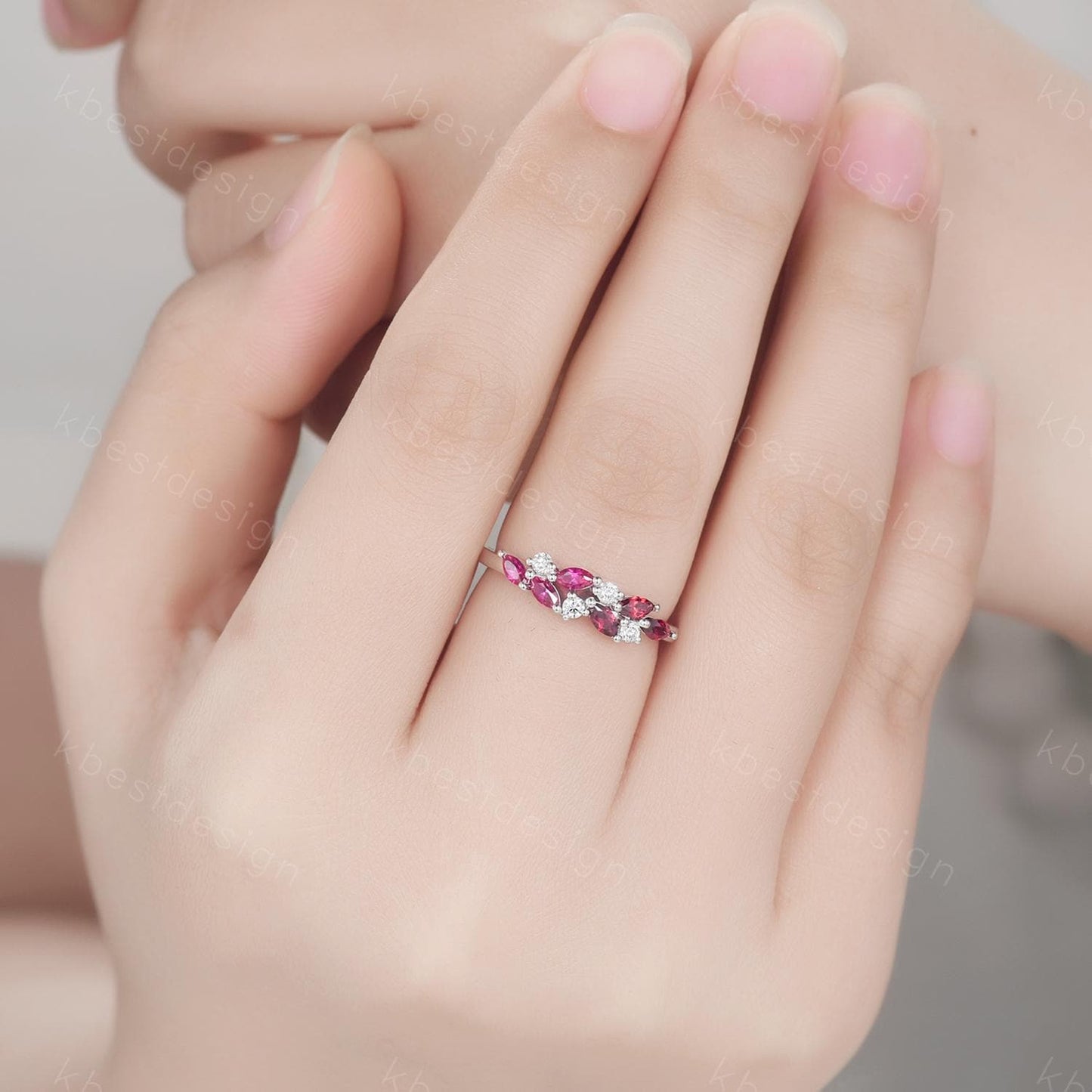 Ruby Garnet cluster wedding band Unique marquise cut ruby wedding band Vintage Moissanite ring family gemstone ring Anniversary gift for her