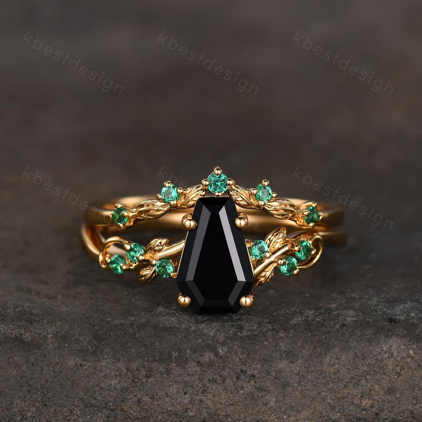 Gothic Yellow Gold Black Onyx Engagement Ring Art Deco Branch Design Leaf Emerald Wedding Ring Coffin cut Ring Unique Bridal Ring Set