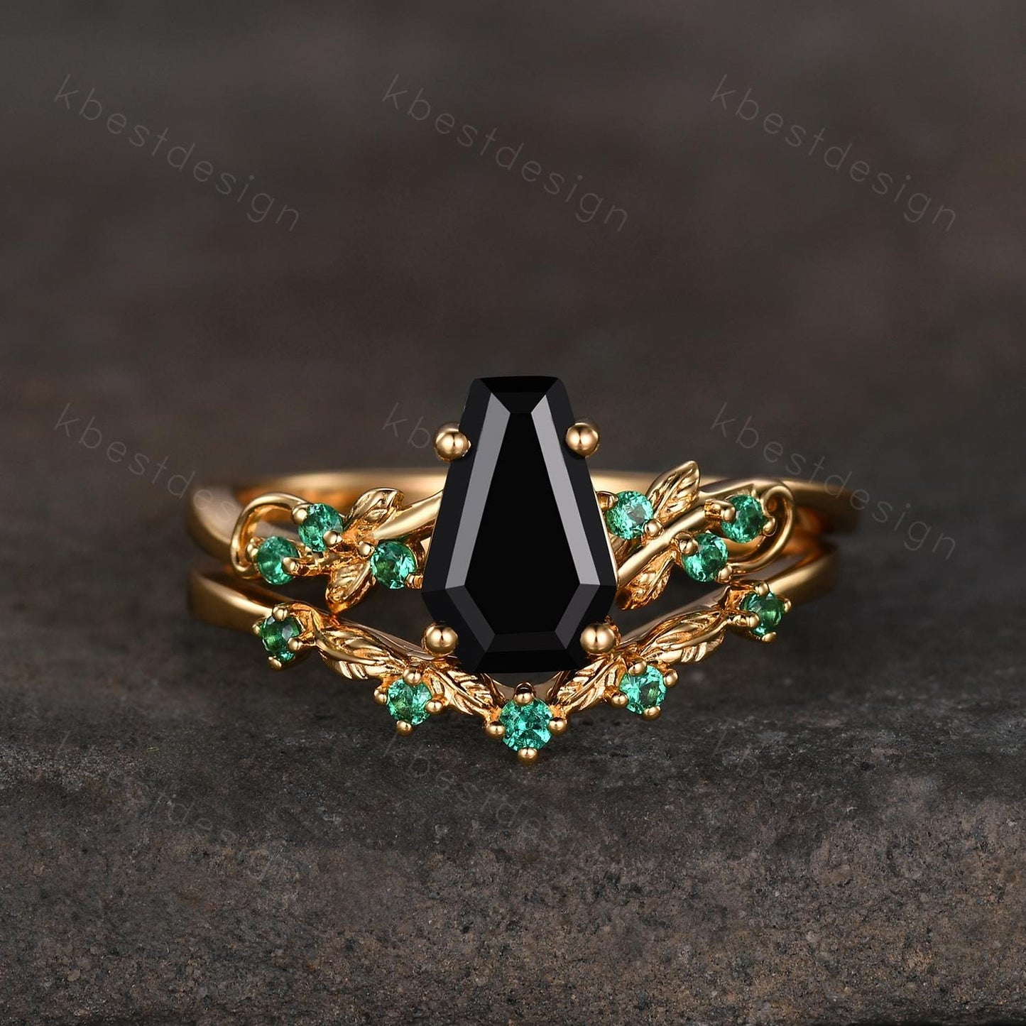 Gothic Yellow Gold Black Onyx Engagement Ring Art Deco Branch Design Leaf Emerald Wedding Ring Coffin cut Ring Unique Bridal Ring Set