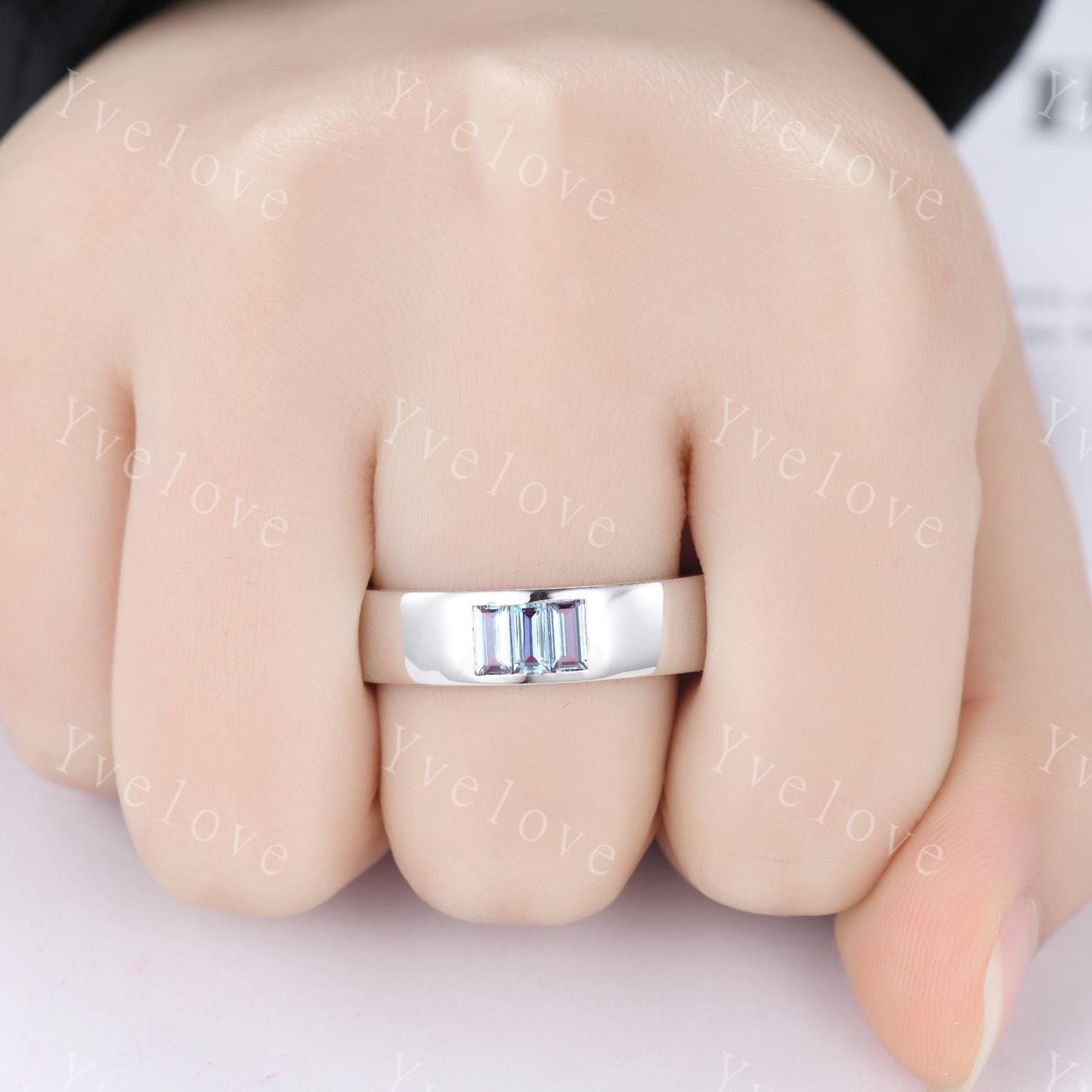 Mens Alexandrite Wedding Band Baguette Alexandrite Band White Gold Smooth Ring Multi Stones Stacking Matching Band Retro Vintage Ring Gift