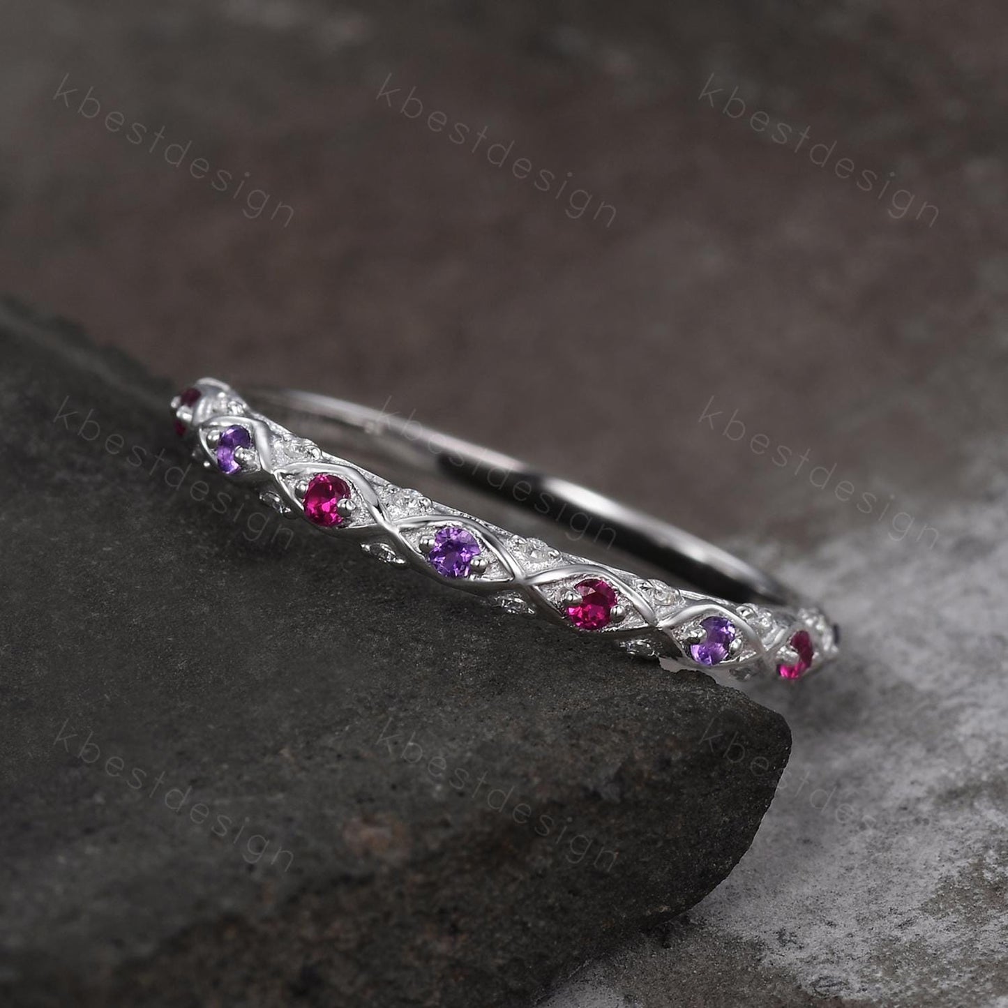 Antique Ruby Amethyst Wedding Band Women Solid 14K White Gold Band Moissanite Wedding Band Vintage Stacking Matching Band Anniversary Ring