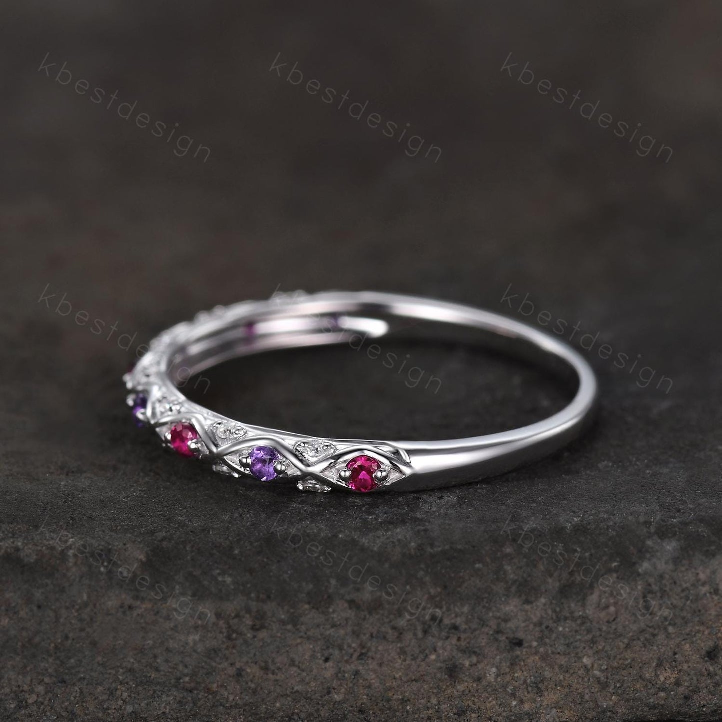 Antique Ruby Amethyst Wedding Band Women Solid 14K White Gold Band Moissanite Wedding Band Vintage Stacking Matching Band Anniversary Ring