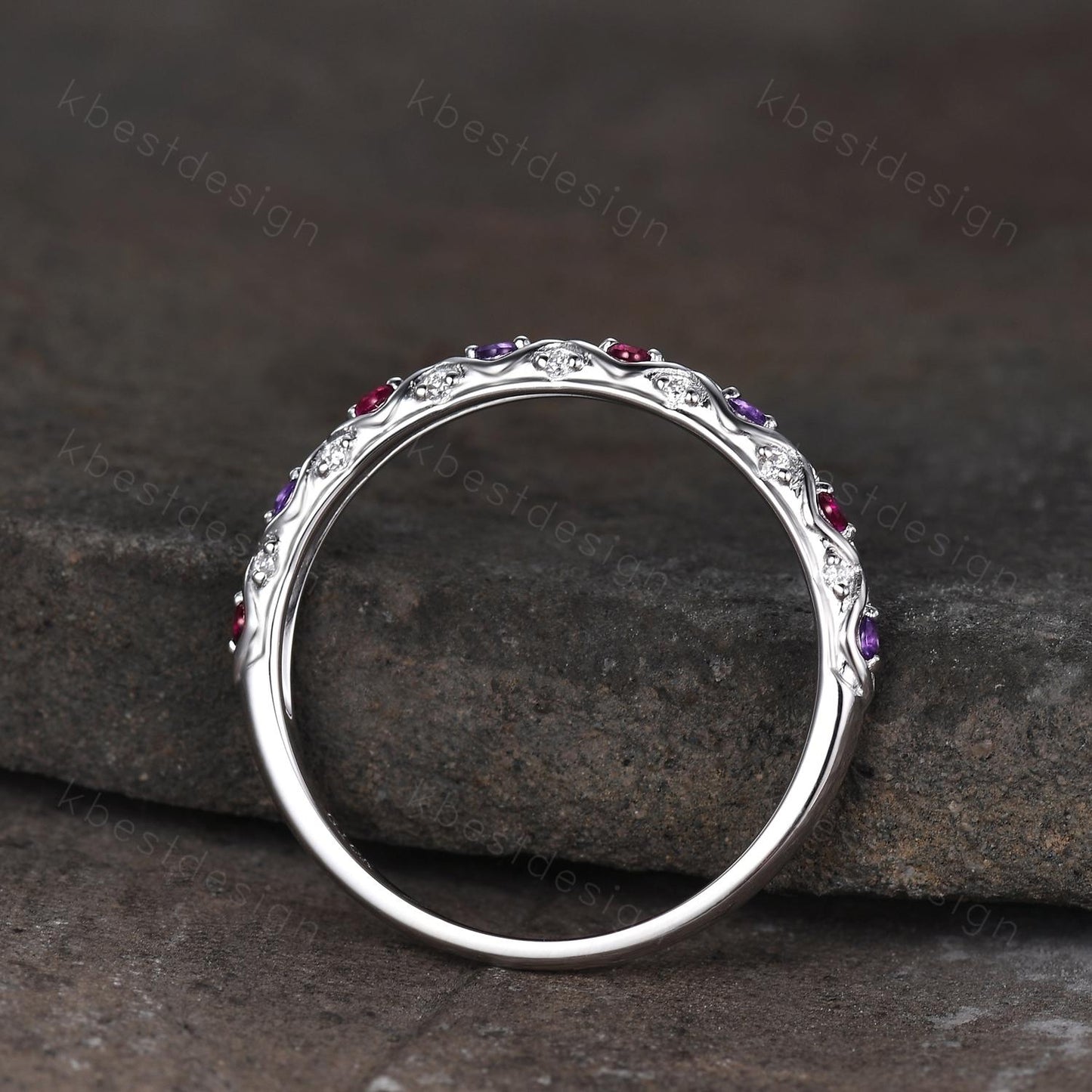 Antique Ruby Amethyst Wedding Band Women Solid 14K White Gold Band Moissanite Wedding Band Vintage Stacking Matching Band Anniversary Ring