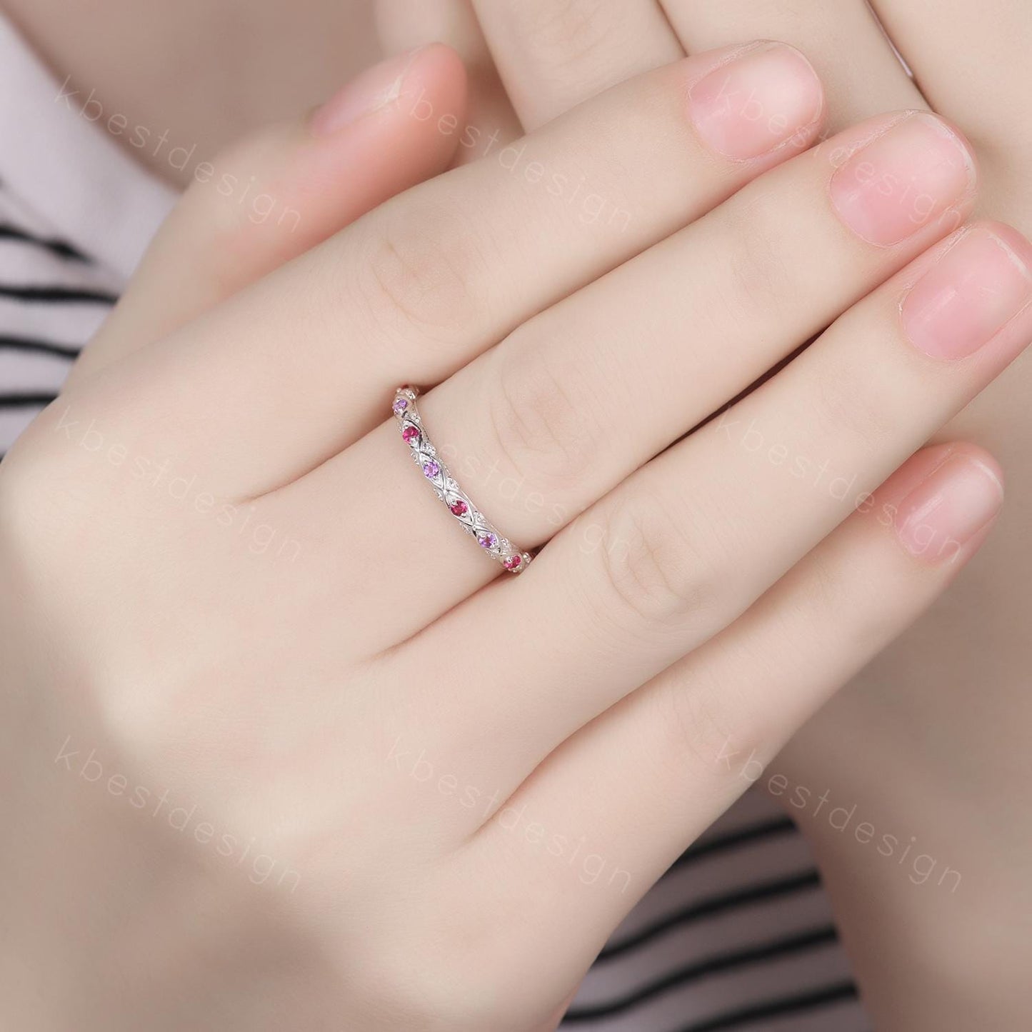Antique Ruby Amethyst Wedding Band Women Solid 14K White Gold Band Moissanite Wedding Band Vintage Stacking Matching Band Anniversary Ring