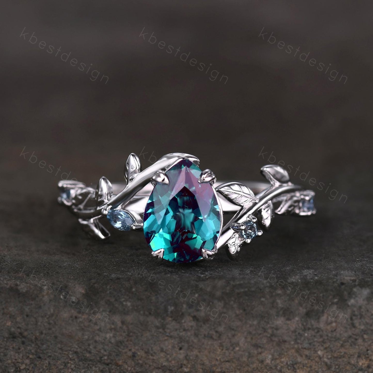 Vintage alexandrite engagement ring silver art deco leaf branch ring pear cut ring natural inspired ring unique bridal promise ring