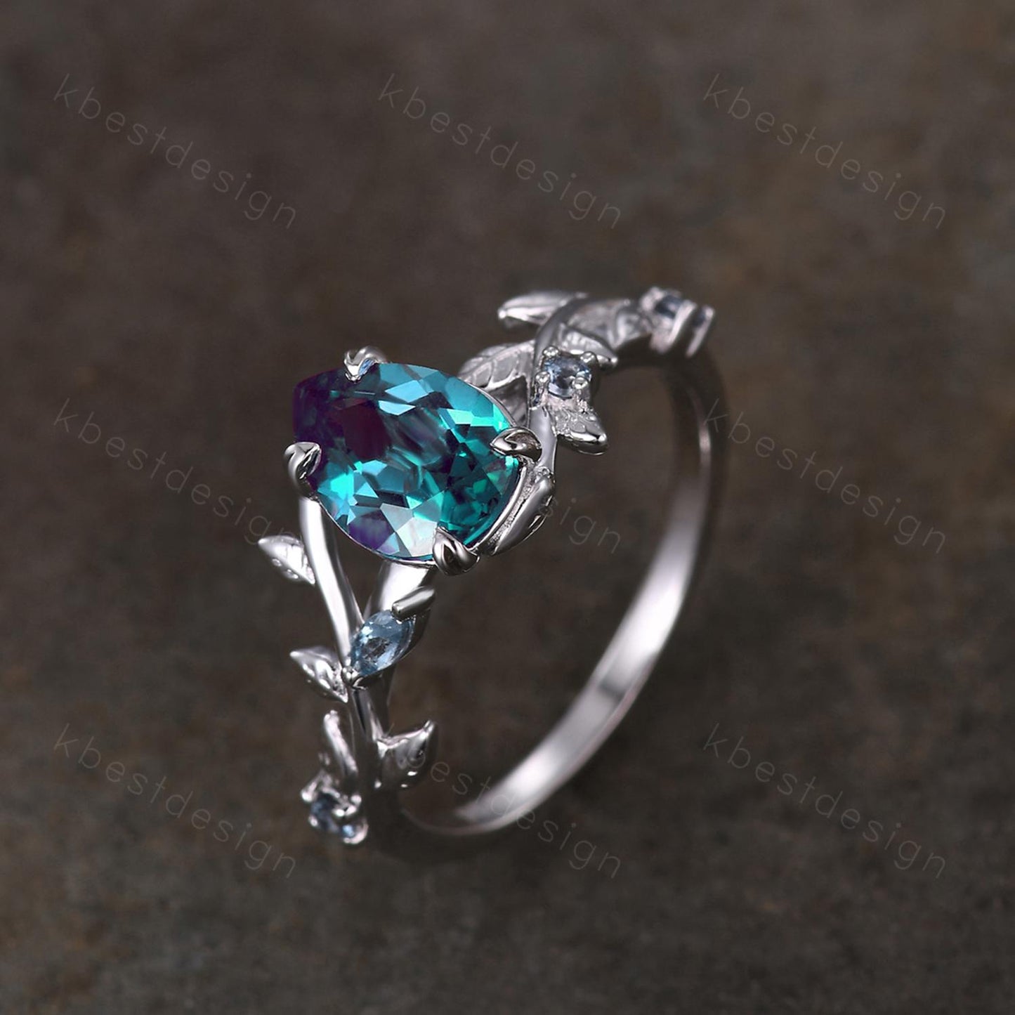 Vintage alexandrite engagement ring silver art deco leaf branch ring pear cut ring natural inspired ring unique bridal promise ring