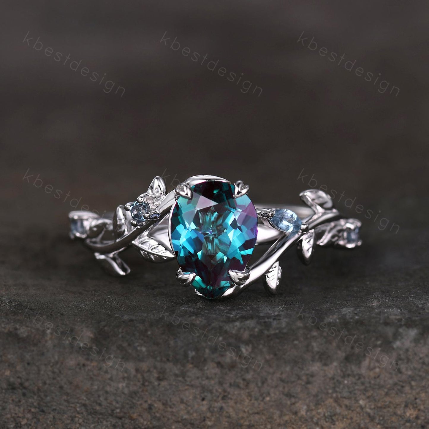 Vintage alexandrite engagement ring silver art deco leaf branch ring pear cut ring natural inspired ring unique bridal promise ring