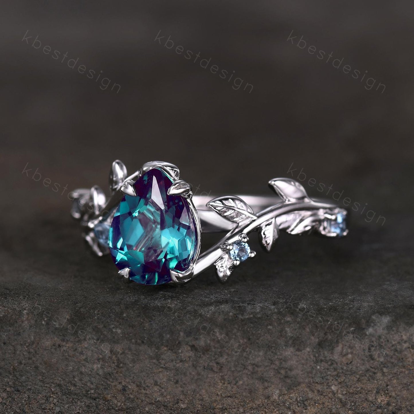 Vintage alexandrite engagement ring silver art deco leaf branch ring pear cut ring natural inspired ring unique bridal promise ring