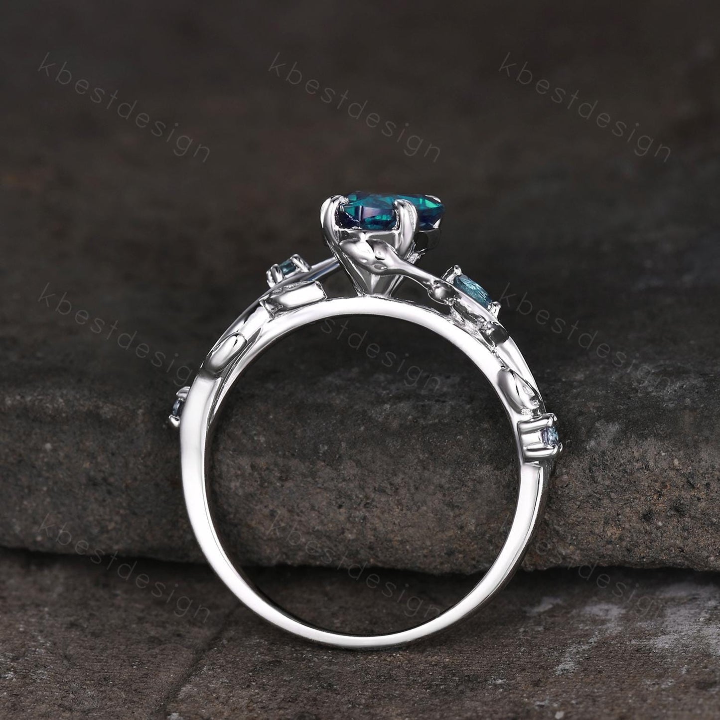 Vintage alexandrite engagement ring silver art deco leaf branch ring pear cut ring natural inspired ring unique bridal promise ring