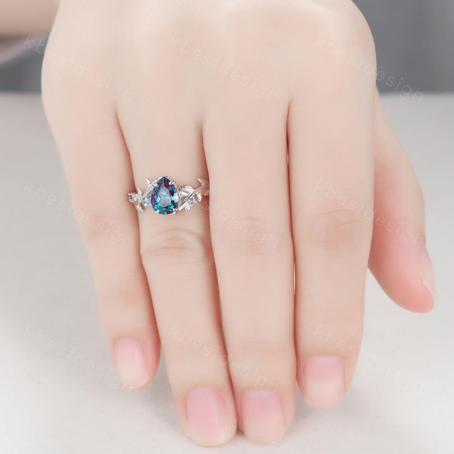 Vintage alexandrite engagement ring silver art deco leaf branch ring pear cut ring natural inspired ring unique bridal promise ring