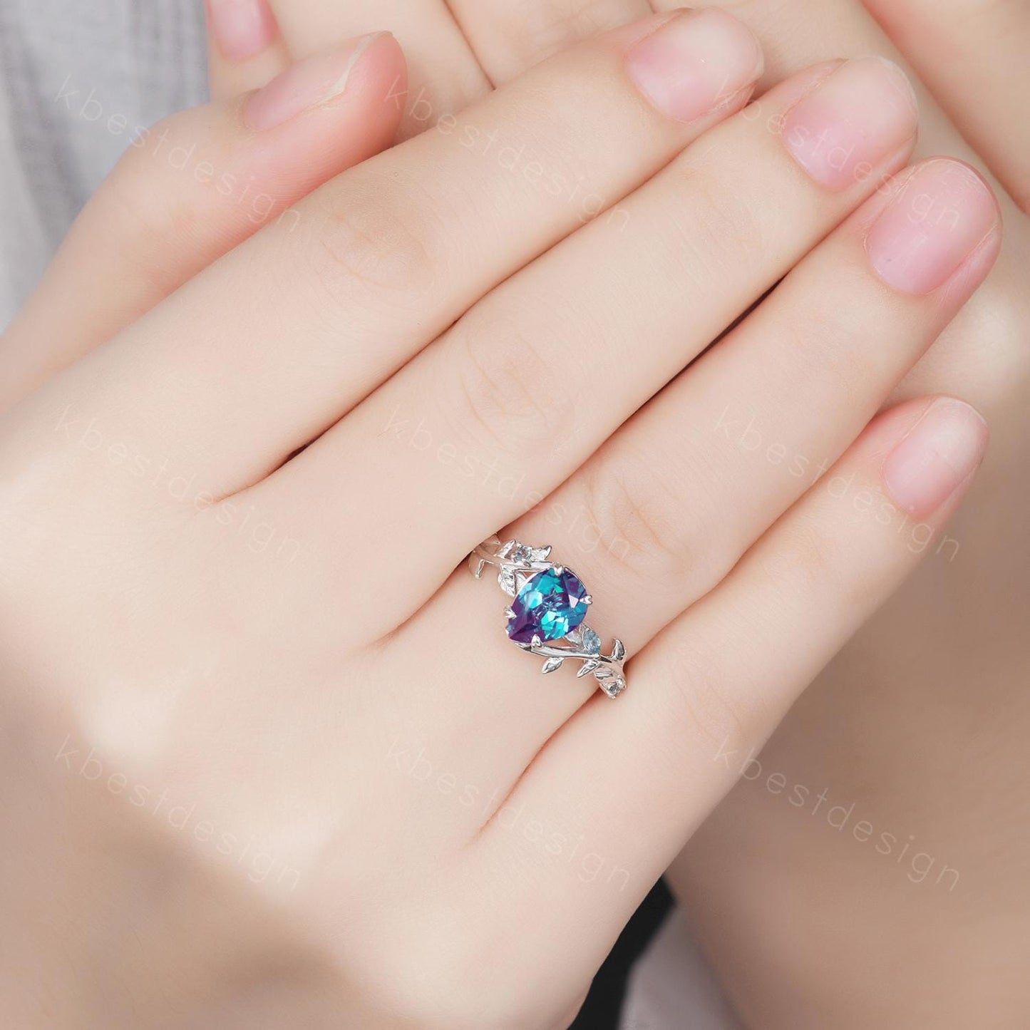 Vintage alexandrite engagement ring silver art deco leaf branch ring pear cut ring natural inspired ring unique bridal promise ring