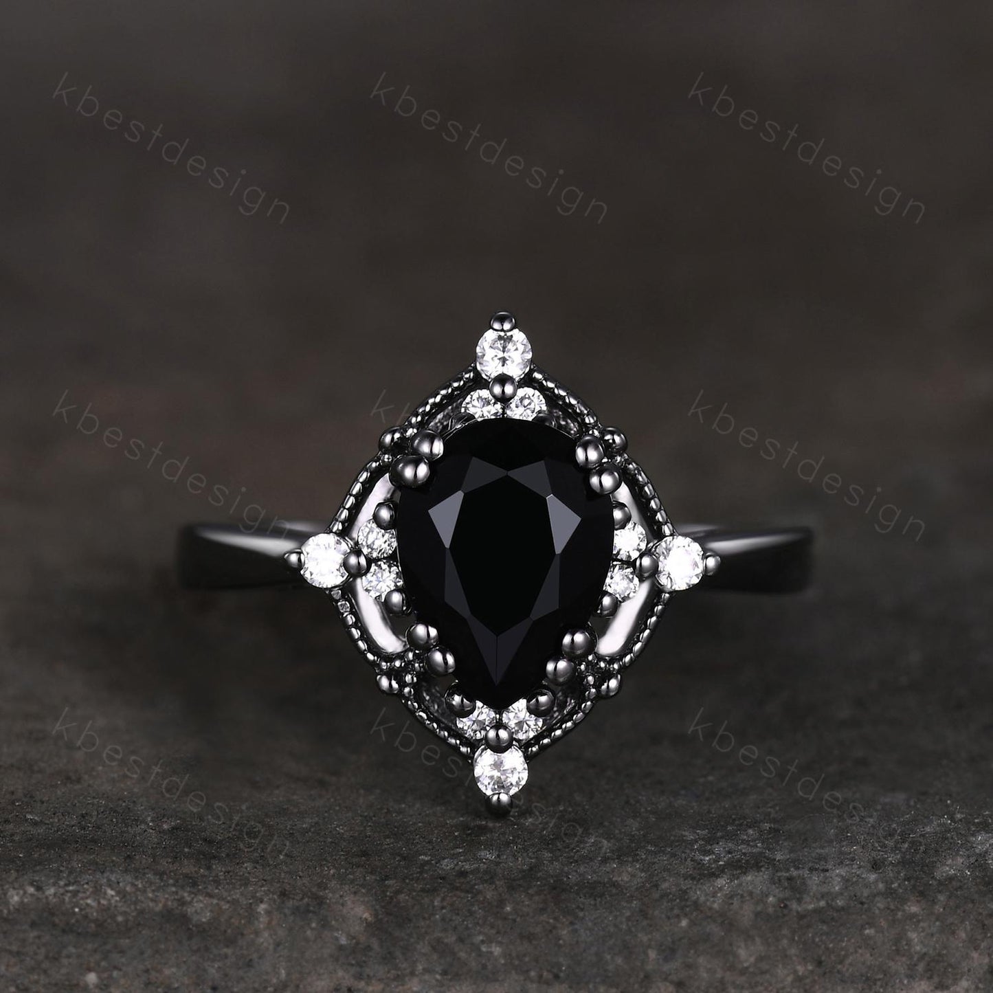Pear Cut Natural Black Onyx Engagement Ring Black Gold Ring Unique Art Deco Moissanite Ring Black Gemstone ring Bridal Promise Ring