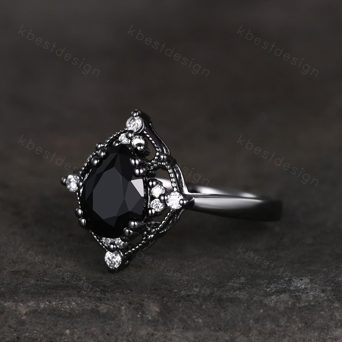 Pear Cut Natural Black Onyx Engagement Ring Black Gold Ring Unique Art Deco Moissanite Ring Black Gemstone ring Bridal Promise Ring