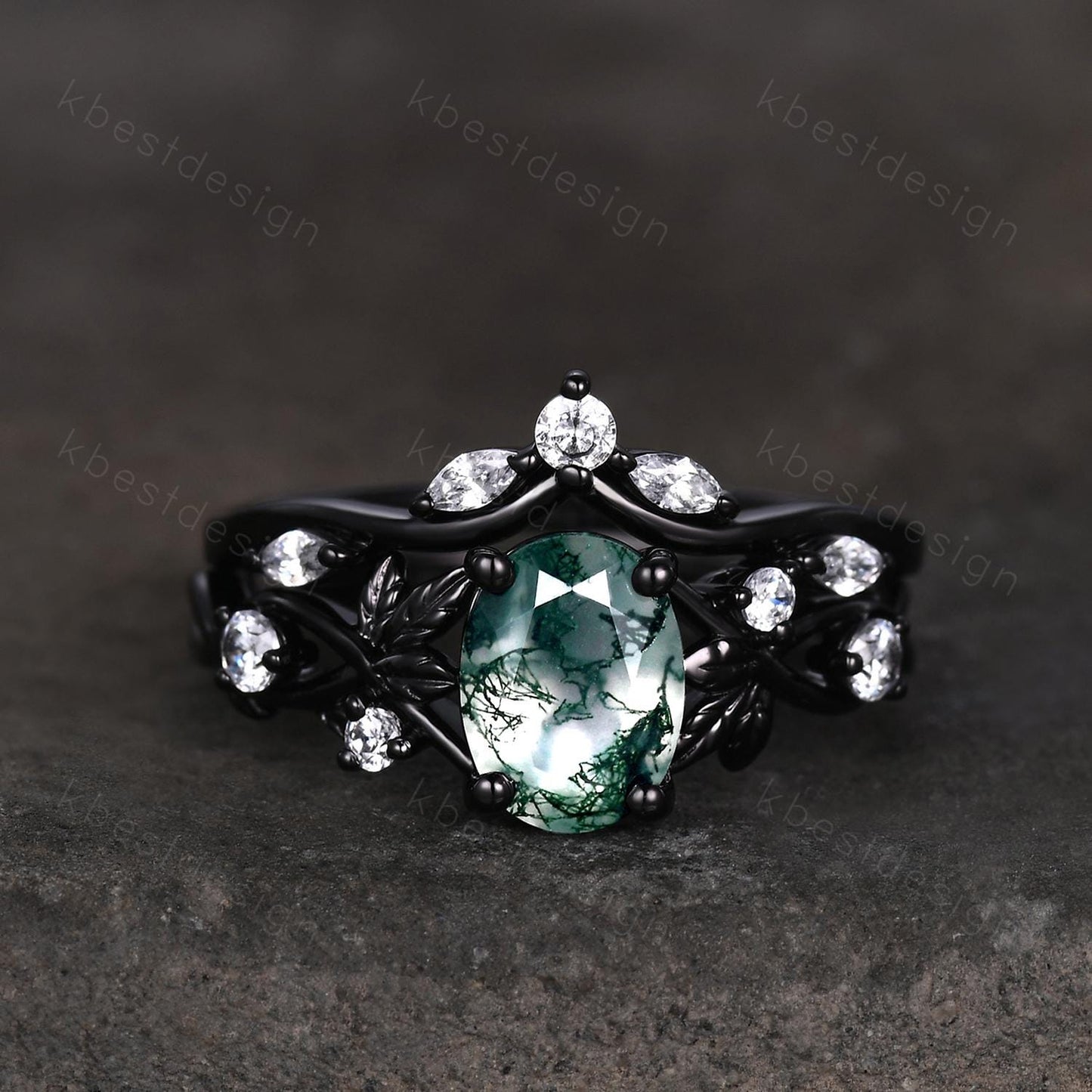 Vintage oval moss agate engagement ring black gold art deco cluster moissanite wedding ring set nature inspired bridal promise ring for her
