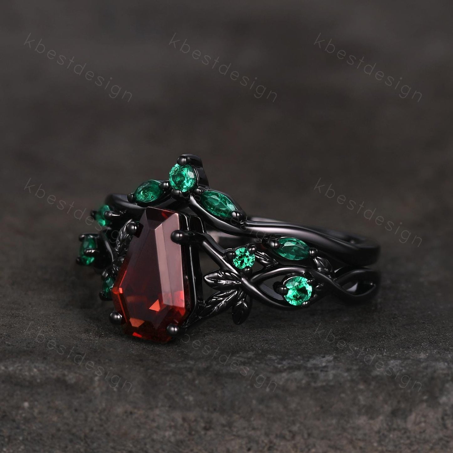 Gothic Black Gold Garnet Engagement Ring Art Deco Branch Design Leaf Emerald Wedding Ring Coffin cut Ring Unique Promise Ring Set