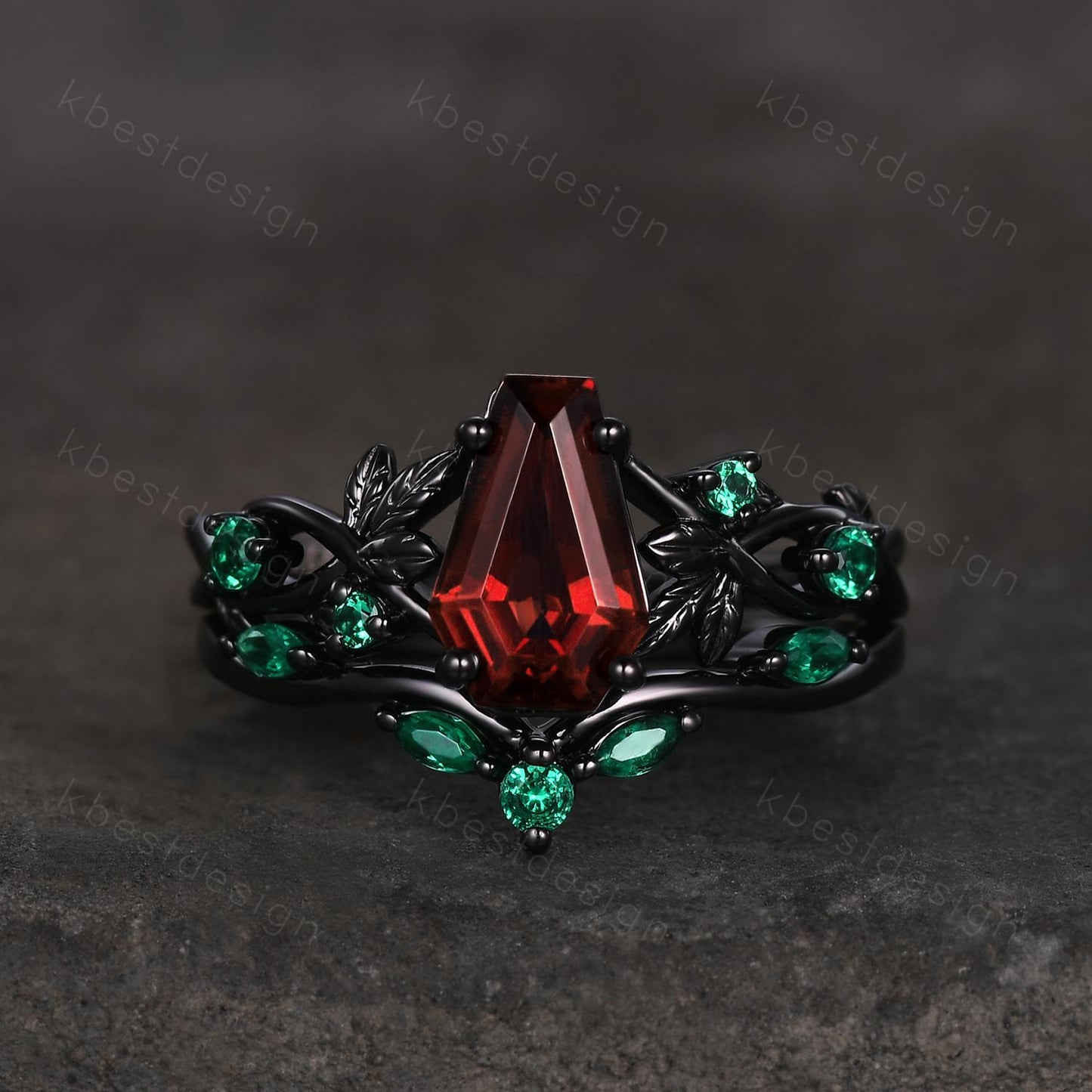 Gothic Black Gold Garnet Engagement Ring Art Deco Branch Design Leaf Emerald Wedding Ring Coffin cut Ring Unique Promise Ring Set
