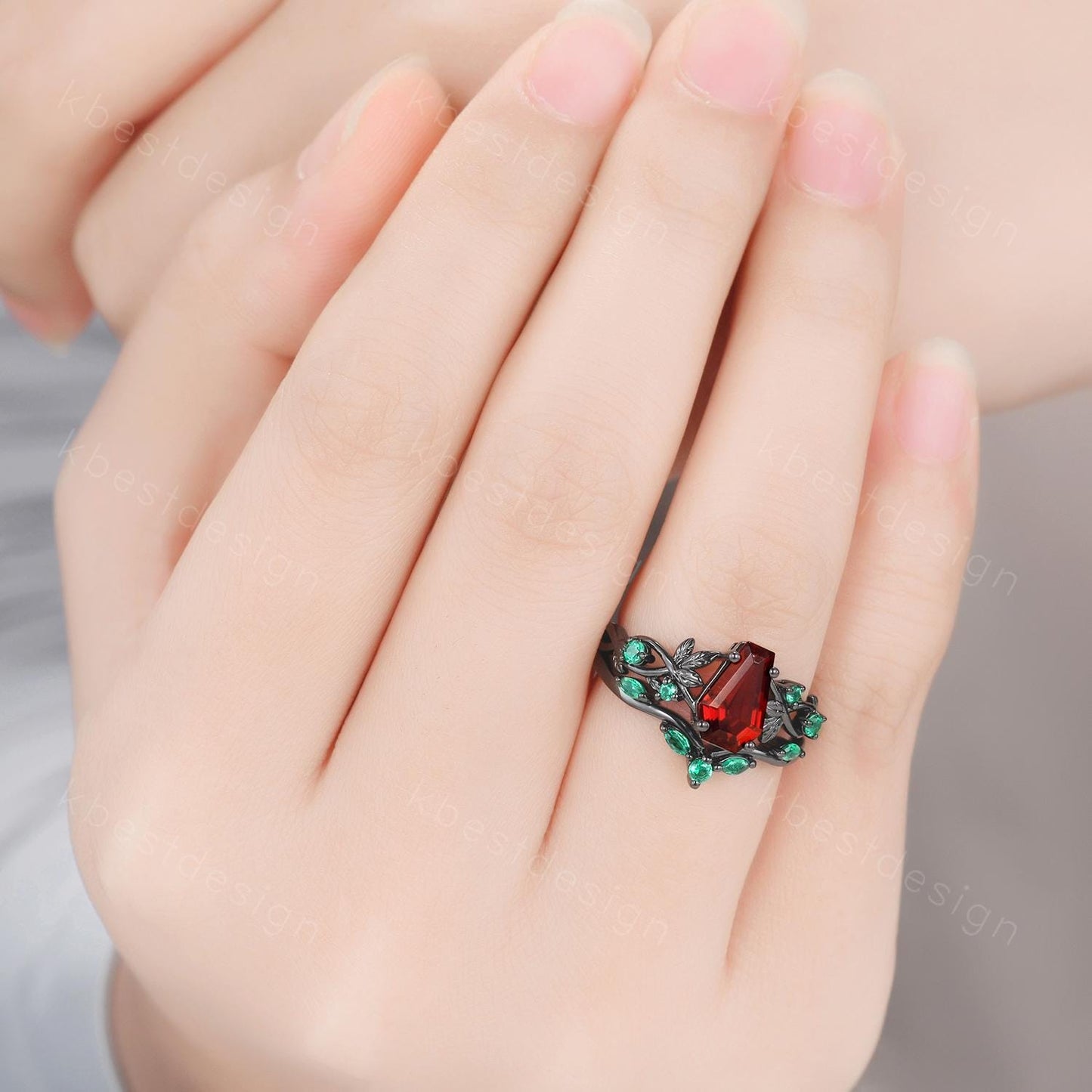 Gothic Black Gold Garnet Engagement Ring Art Deco Branch Design Leaf Emerald Wedding Ring Coffin cut Ring Unique Promise Ring Set