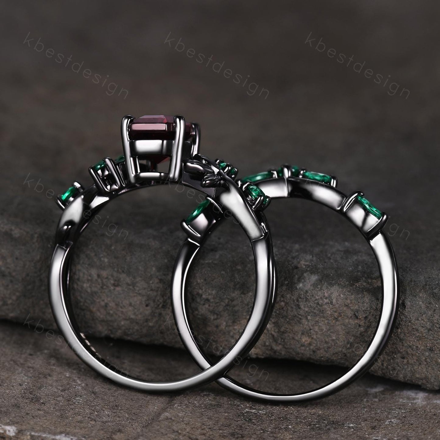 Gothic Black Gold Garnet Engagement Ring Art Deco Branch Design Leaf Emerald Wedding Ring Coffin cut Ring Unique Promise Ring Set