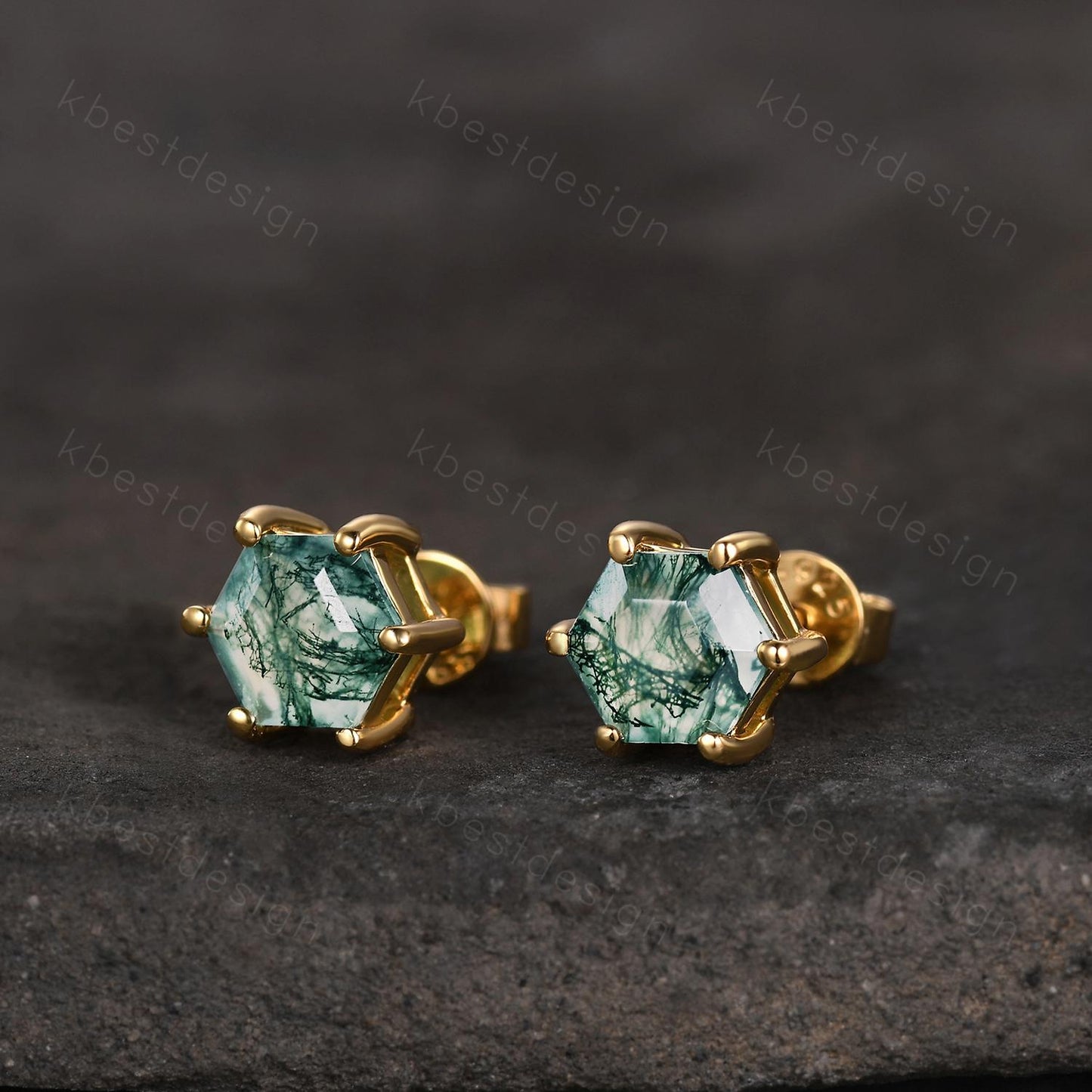 Natural moss agate stud earrings, yellow gold studs, hexagon cut moss agate earring studs, best friend gift, anniversary gift for her