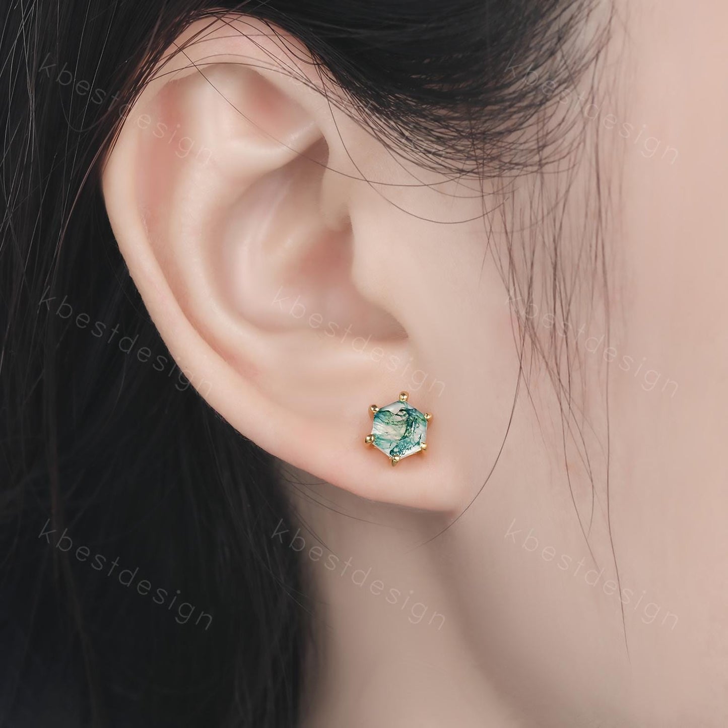 Natural moss agate stud earrings, yellow gold studs, hexagon cut moss agate earring studs, best friend gift, anniversary gift for her