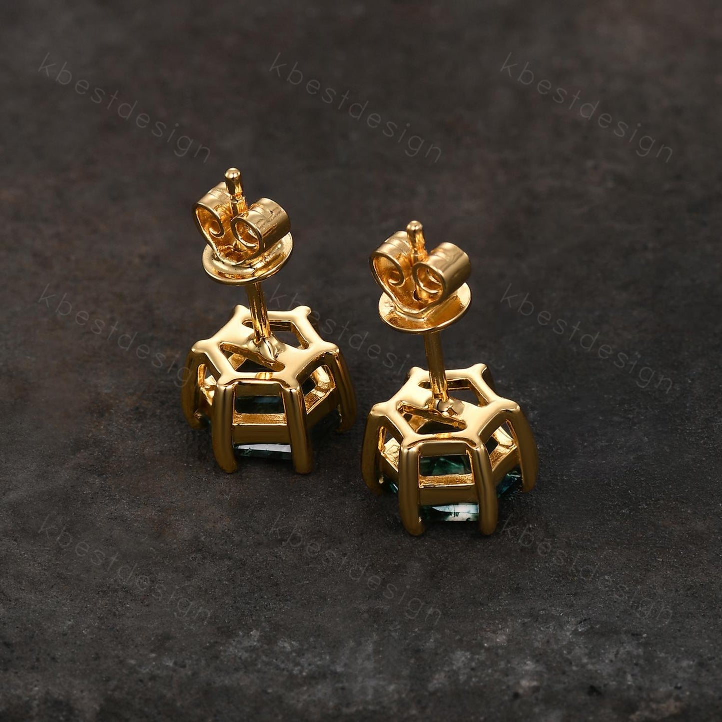 Natural moss agate stud earrings, yellow gold studs, hexagon cut moss agate earring studs, best friend gift, anniversary gift for her