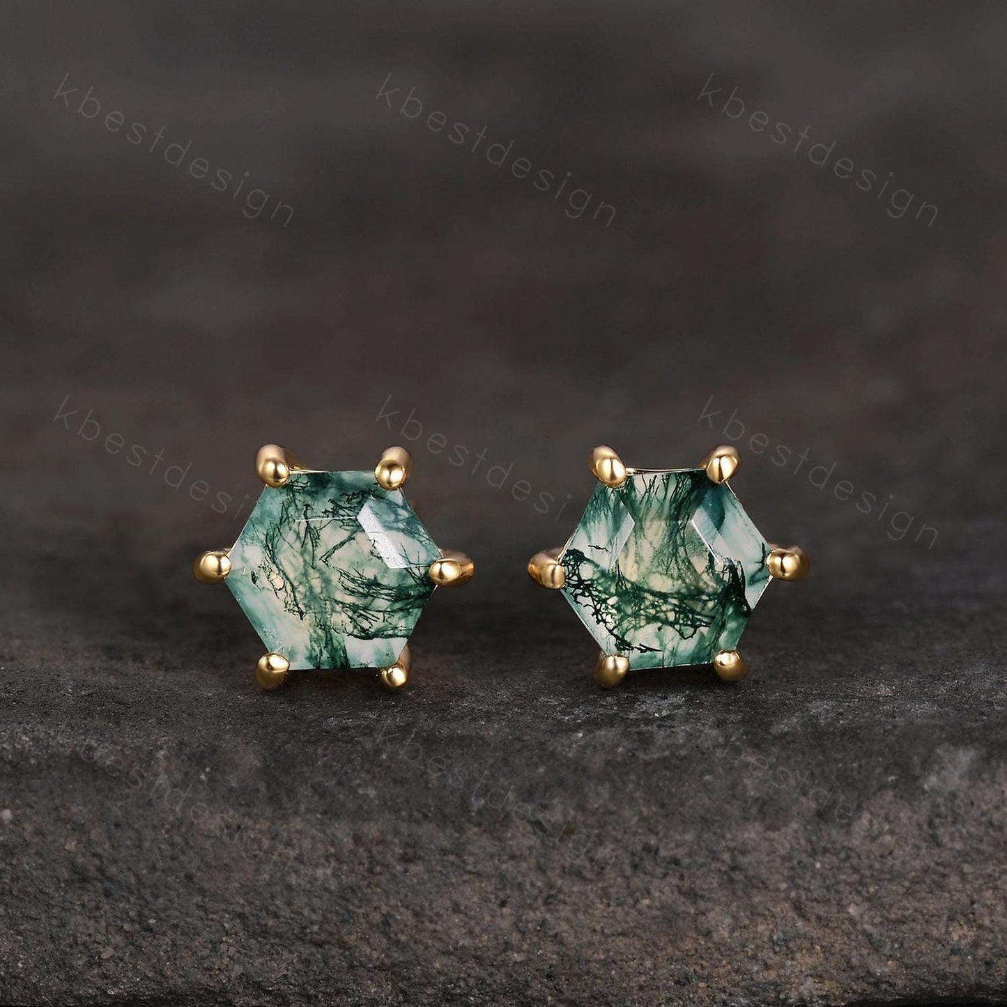 Natural moss agate stud earrings, yellow gold studs, hexagon cut moss agate earring studs, best friend gift, anniversary gift for her
