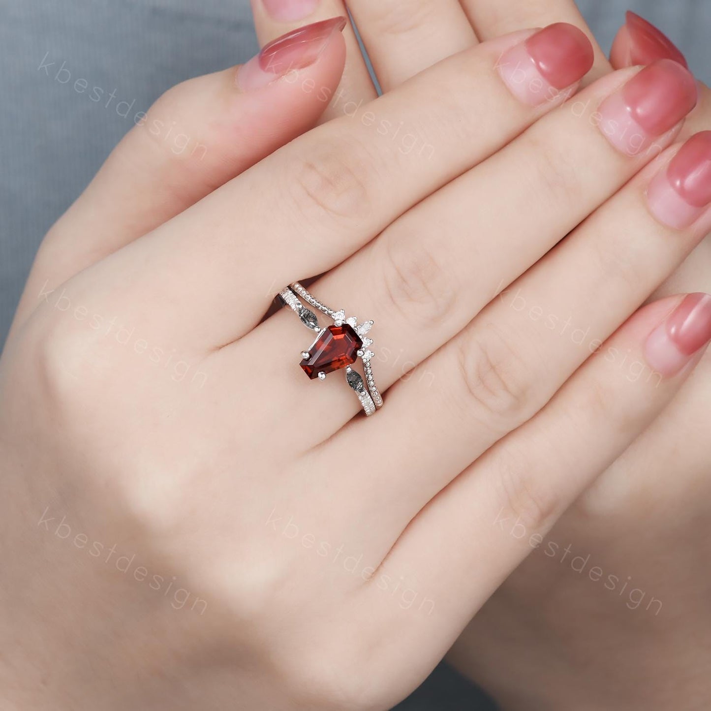 Coffin shaped garnet engagement ring set unique art deco Moissanite wedding ring silver stacking ring vintage bridal wedding ring set