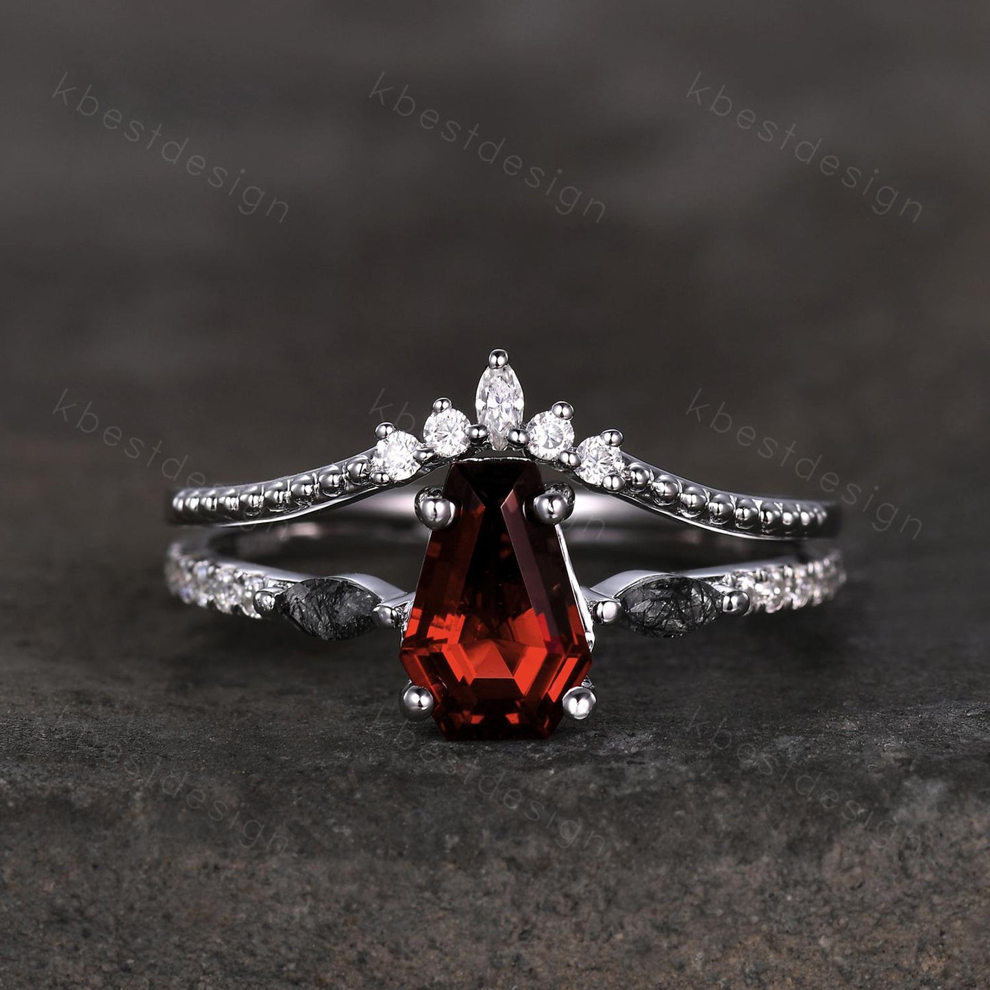 Coffin shaped garnet engagement ring set unique art deco Moissanite wedding ring silver stacking ring vintage bridal wedding ring set