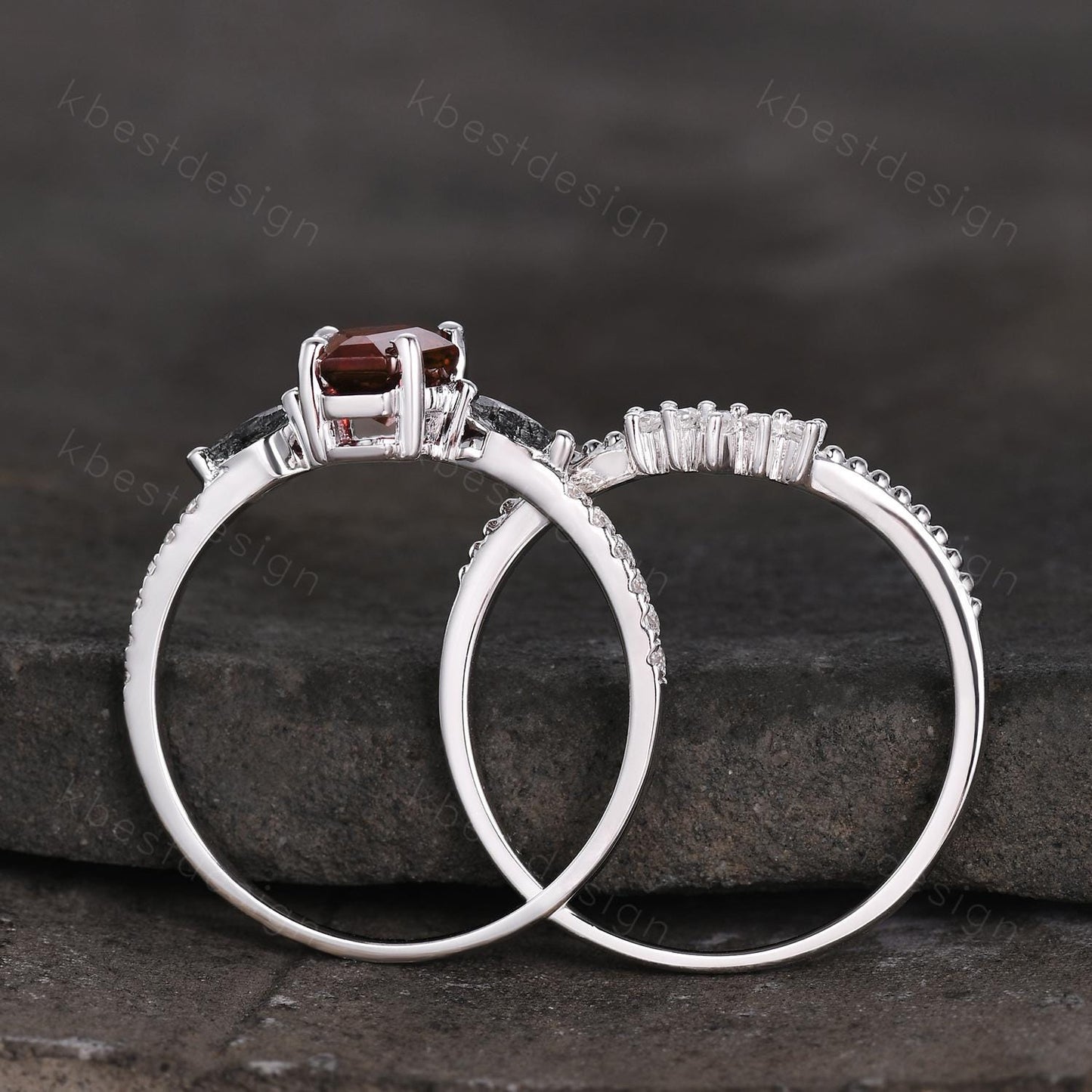 Coffin shaped garnet engagement ring set unique art deco Moissanite wedding ring silver stacking ring vintage bridal wedding ring set