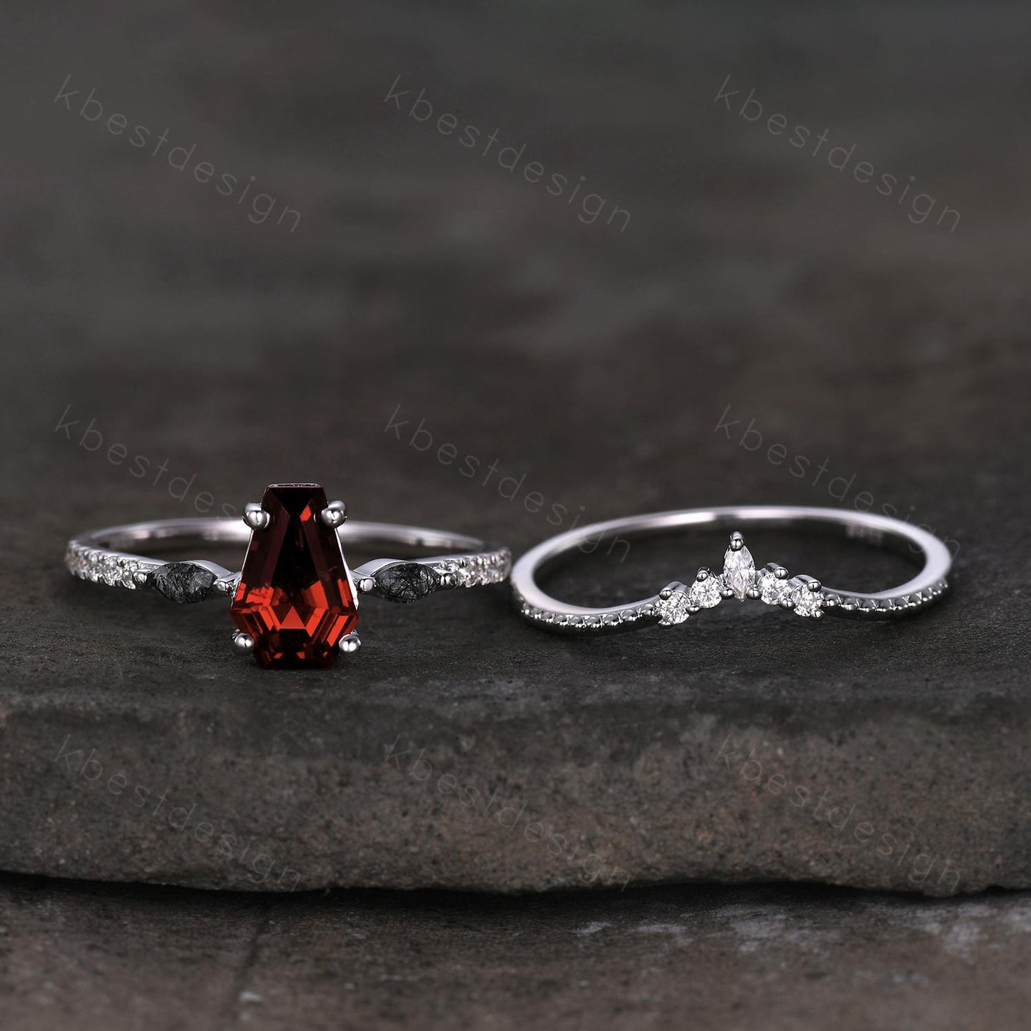 Coffin shaped garnet engagement ring set unique art deco Moissanite wedding ring silver stacking ring vintage bridal wedding ring set